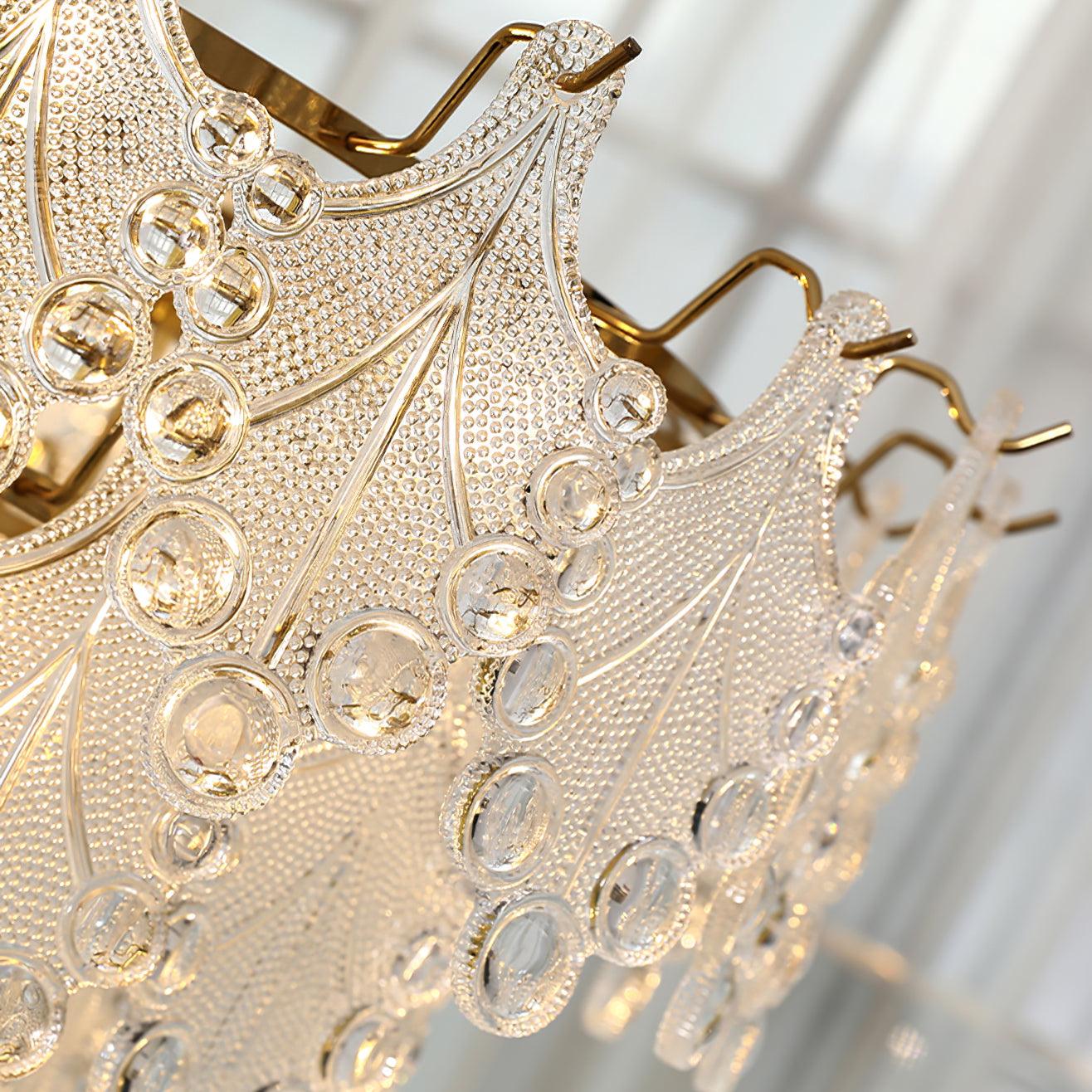 Luxury Tiered Carved Glass Chandelier Modern Wrought Iron Hanging Ceiling Lamp