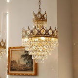 Luxury Vintage Crystal Droplet Pendant Light Antique Copper Chandelier for Living Room and Bedroom