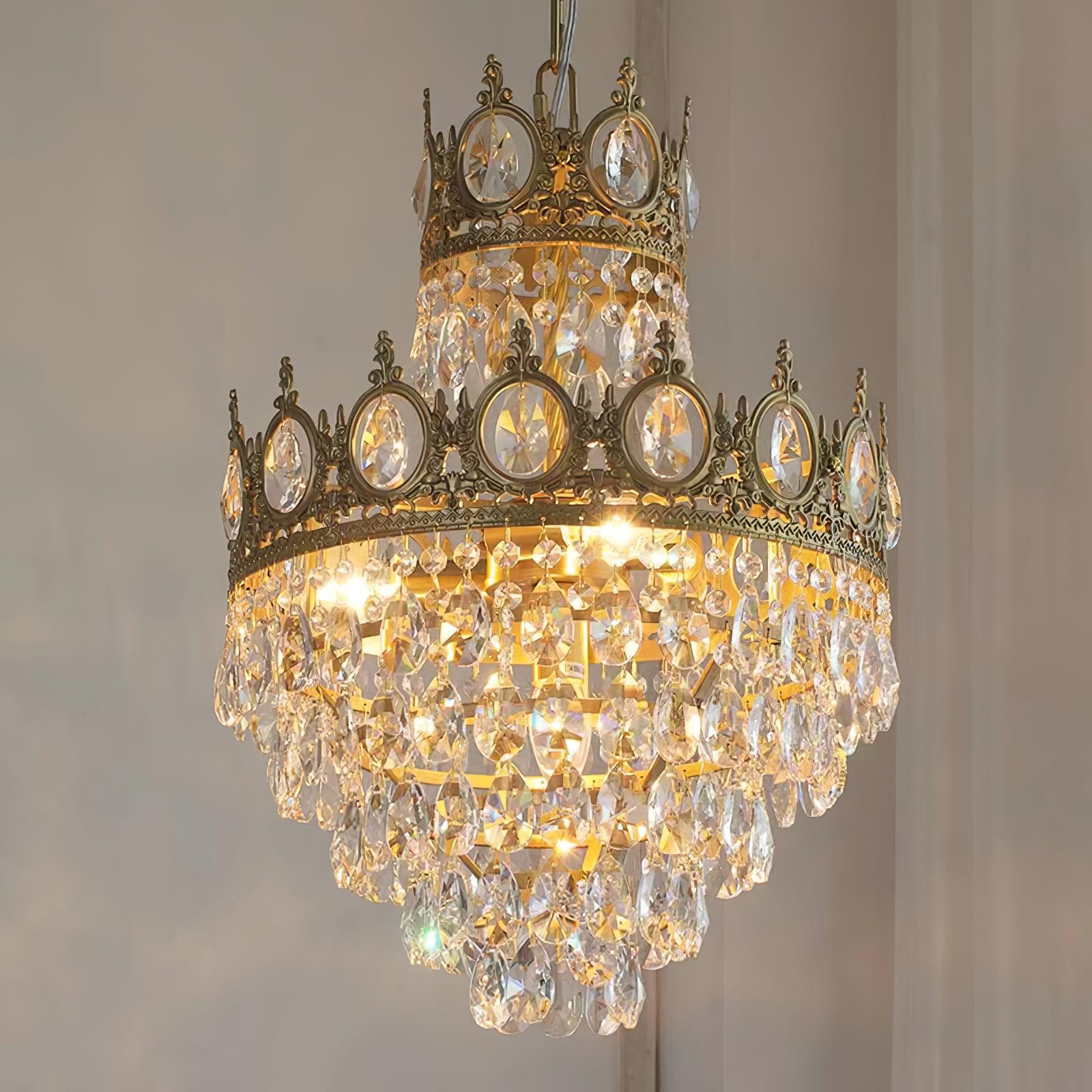 Luxury Vintage Crystal Droplet Pendant Light Antique Copper Chandelier for Living Room and Bedroom