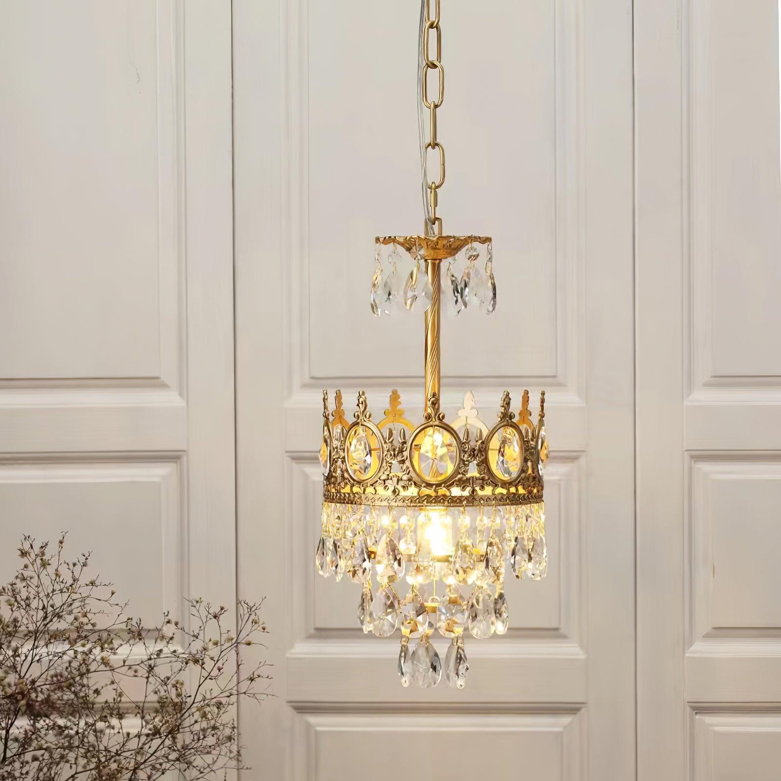 Luxury Vintage Crystal Droplet Pendant Light Antique Copper Chandelier for Living Room and Bedroom