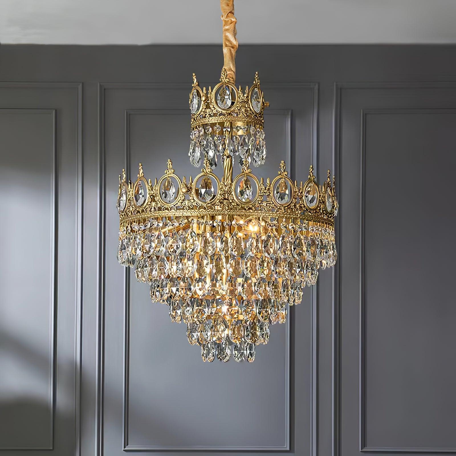 Luxury Vintage Crystal Droplet Pendant Light Antique Copper Chandelier for Living Room and Bedroom