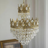 Luxury Vintage Crystal Droplet Pendant Light Antique Copper Chandelier for Living Room and Bedroom