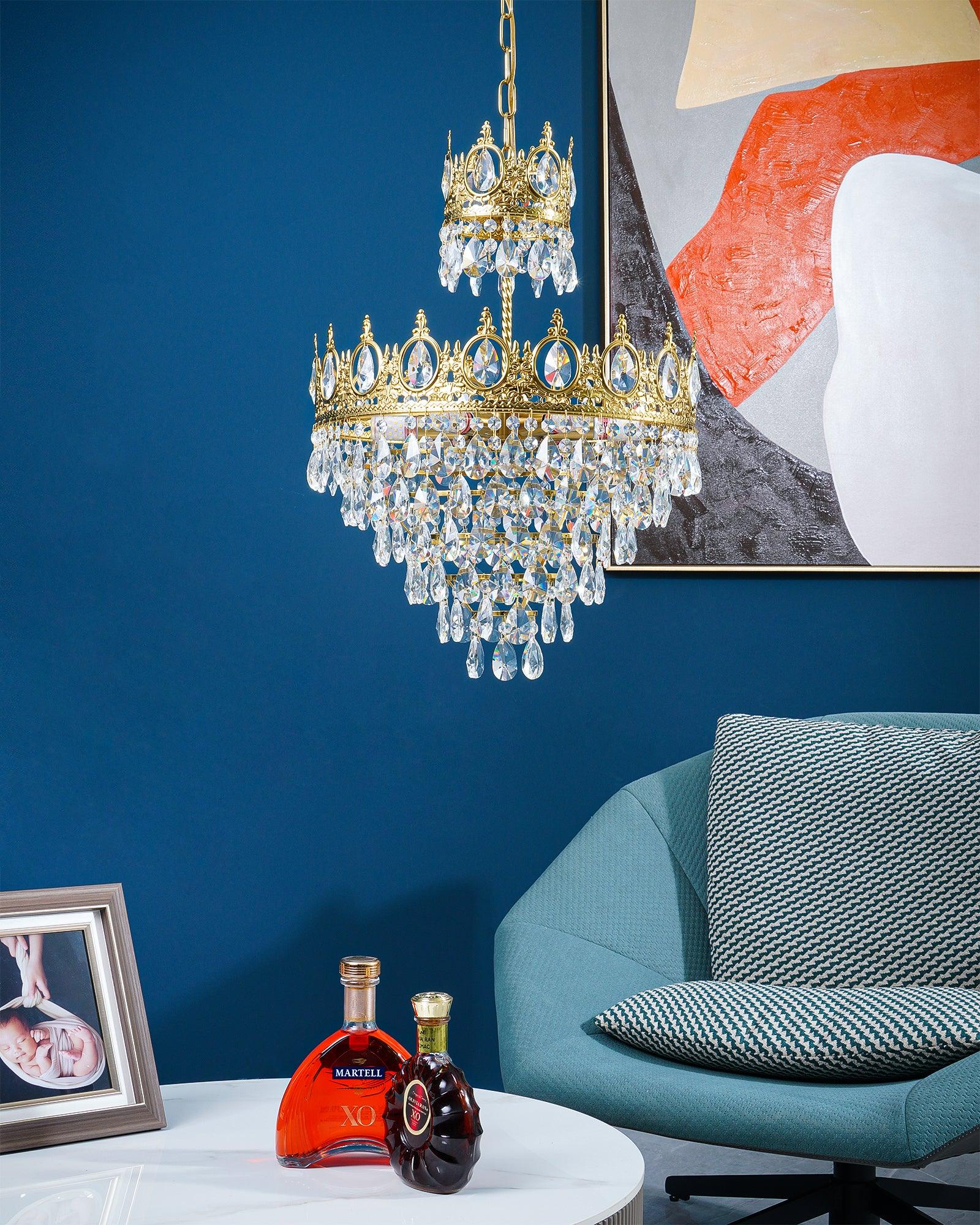 Luxury Vintage Crystal Droplet Pendant Light Antique Copper Chandelier for Living Room and Bedroom