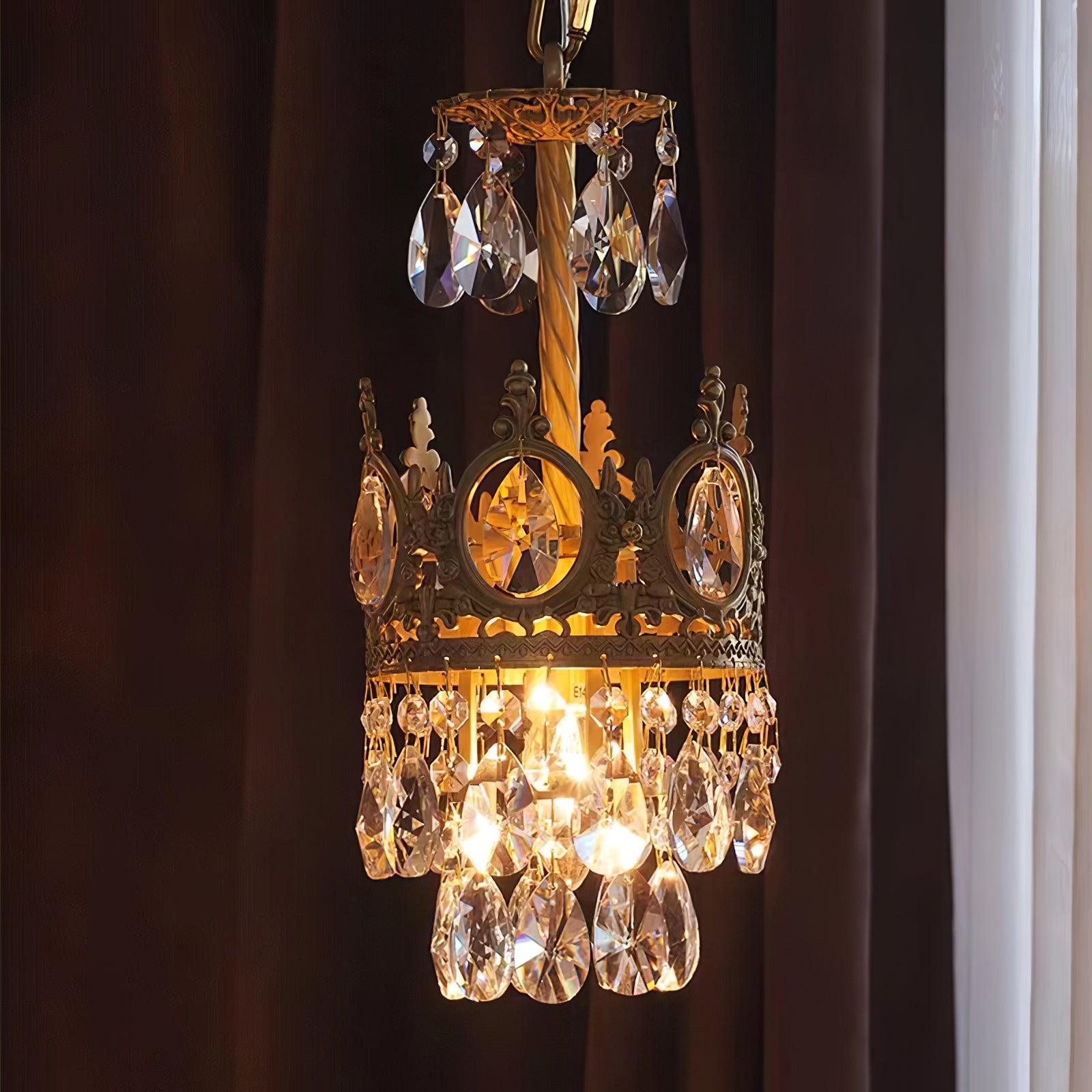 Luxury Vintage Crystal Droplet Pendant Light Antique Copper Chandelier for Living Room and Bedroom