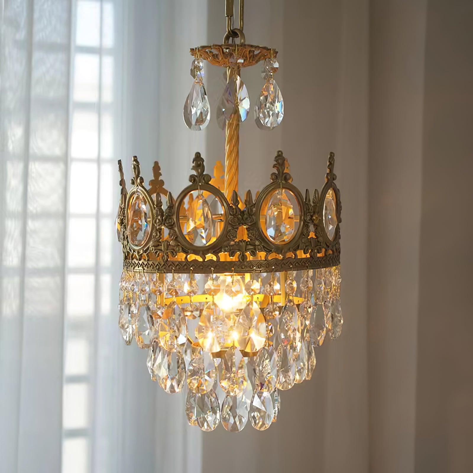 Luxury Vintage Crystal Droplet Pendant Light Antique Copper Chandelier for Living Room and Bedroom