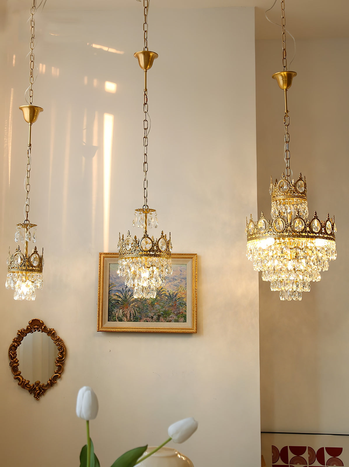 Luxury Vintage Crystal Droplet Pendant Light Antique Copper Chandelier for Living Room and Bedroom