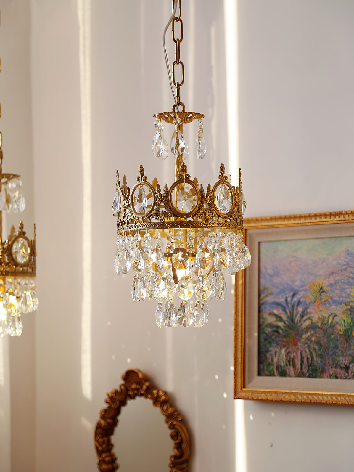 Luxury Vintage Crystal Droplet Pendant Light Antique Copper Chandelier for Living Room and Bedroom