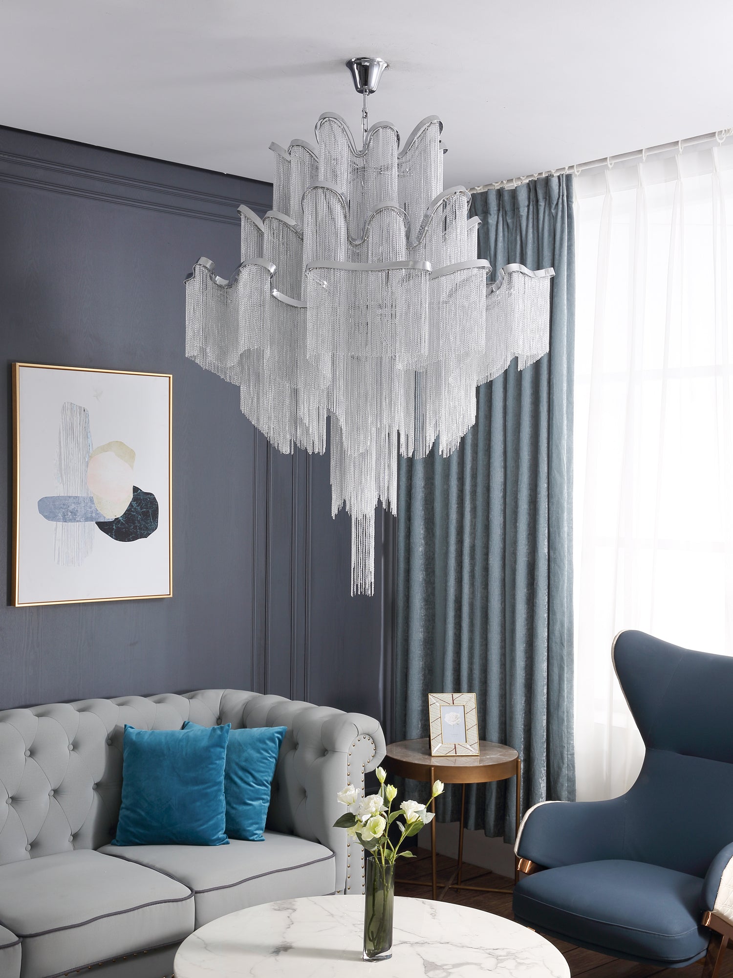 Luxury Waterfall Metal Chain Chandelier Modern Cascading Pendant Light for Dining Room