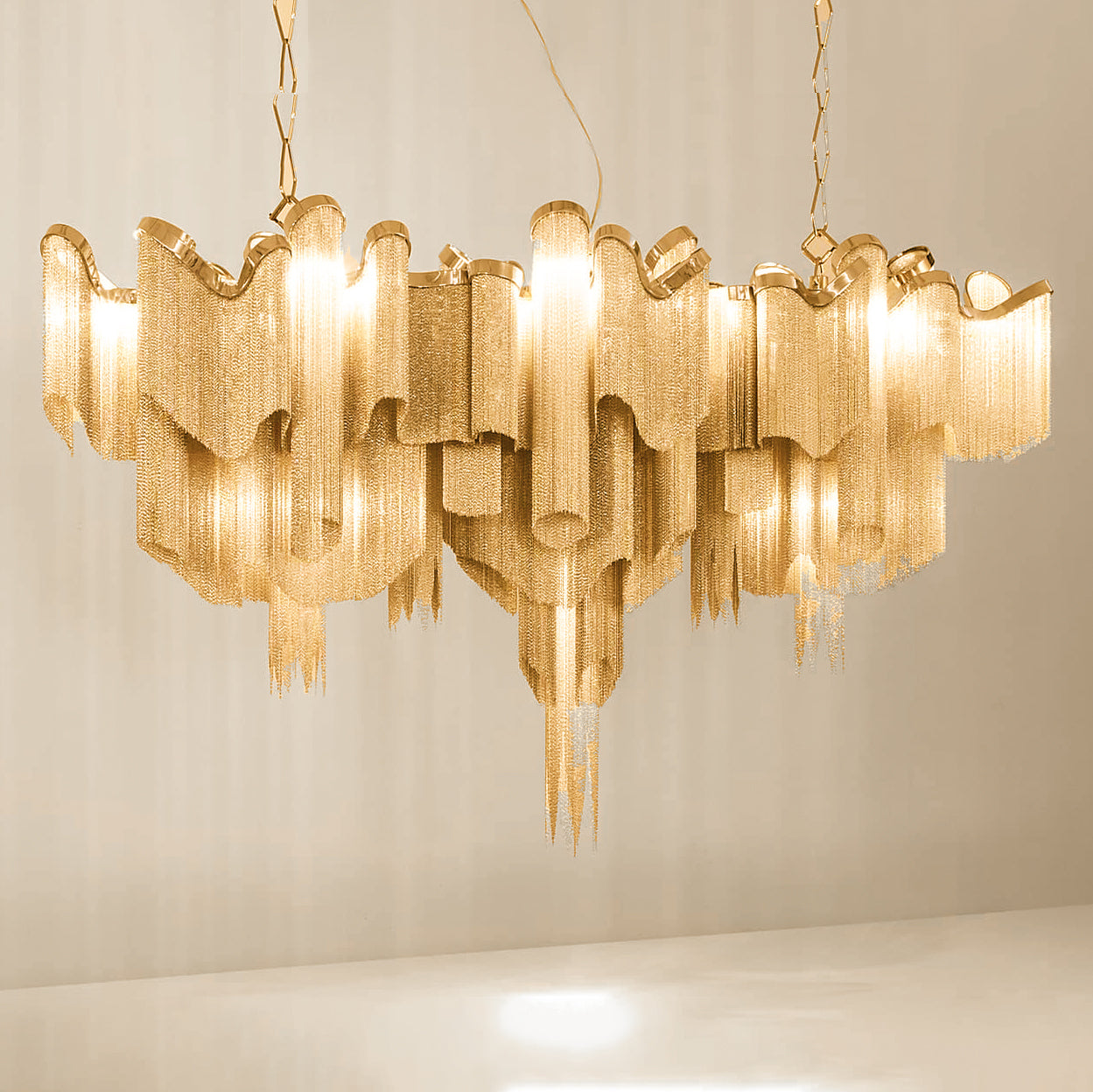 Luxury Waterfall Metal Chain Chandelier Modern Cascading Pendant Light for Dining Room