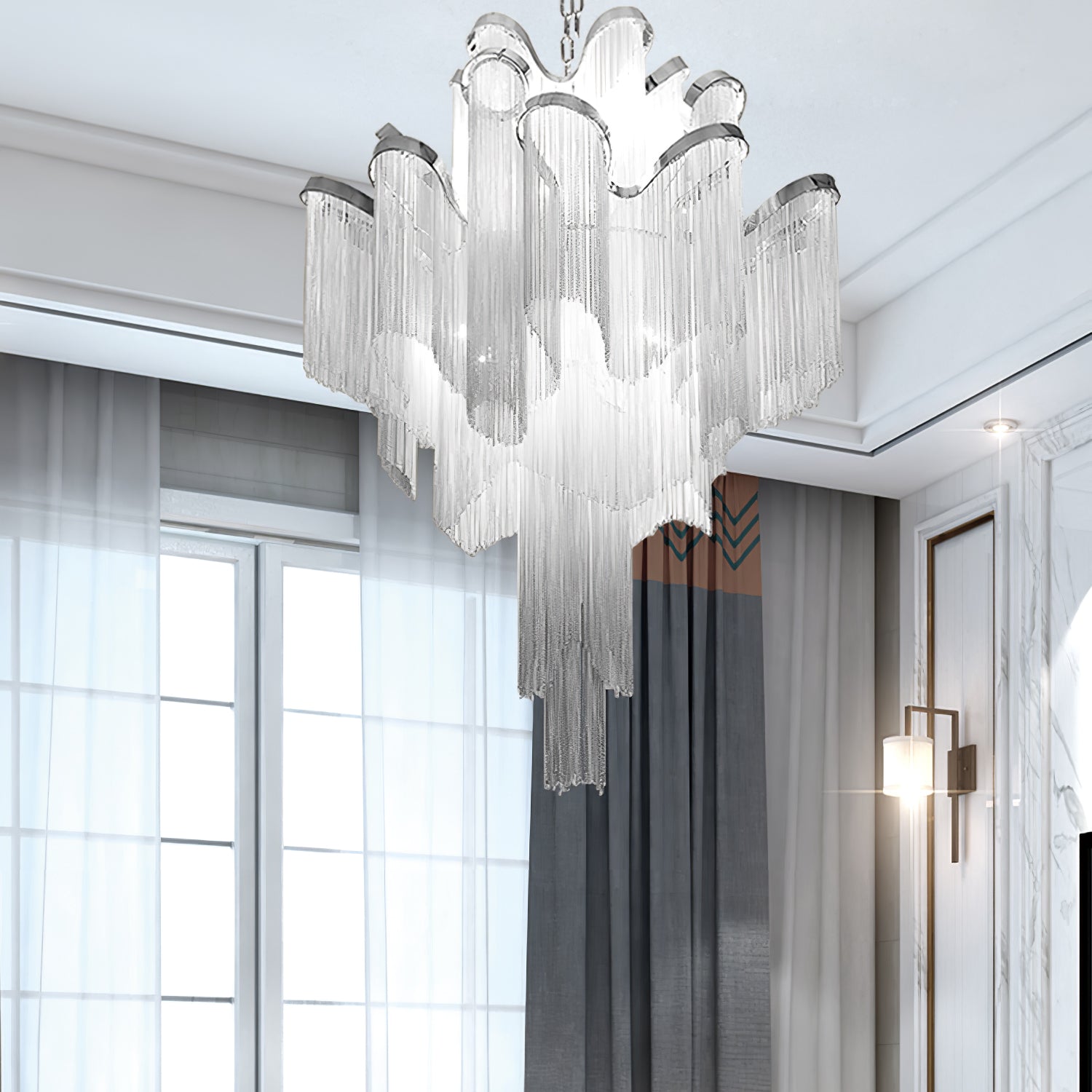 Luxury Waterfall Metal Chain Chandelier Modern Cascading Pendant Light for Dining Room