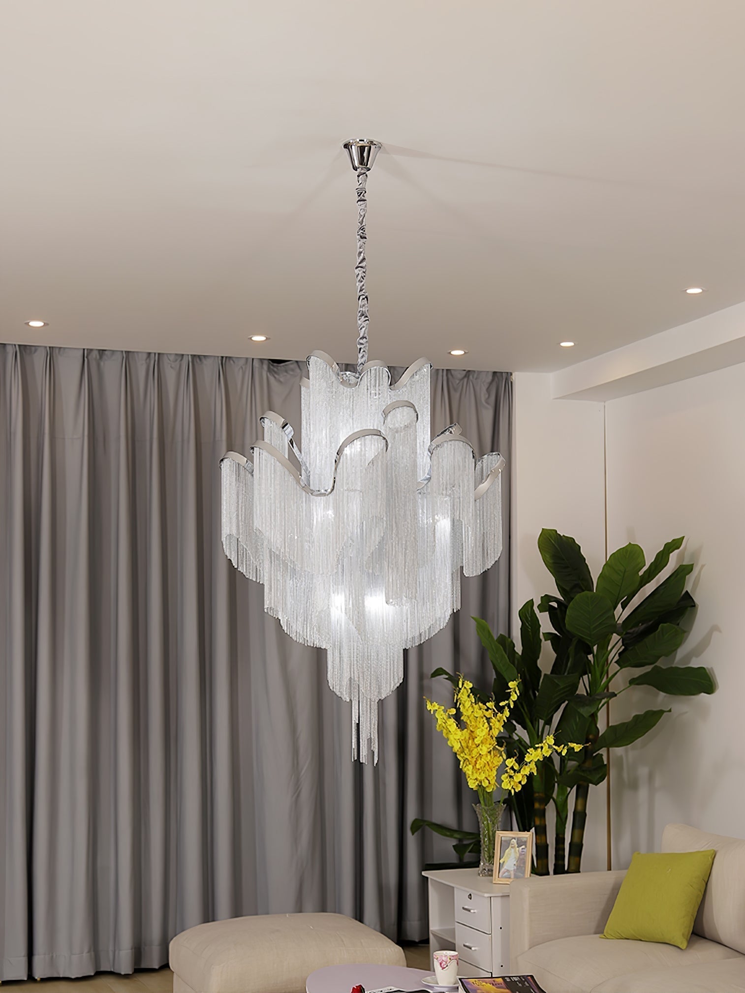 Luxury Waterfall Metal Chain Chandelier Modern Cascading Pendant Light for Dining Room