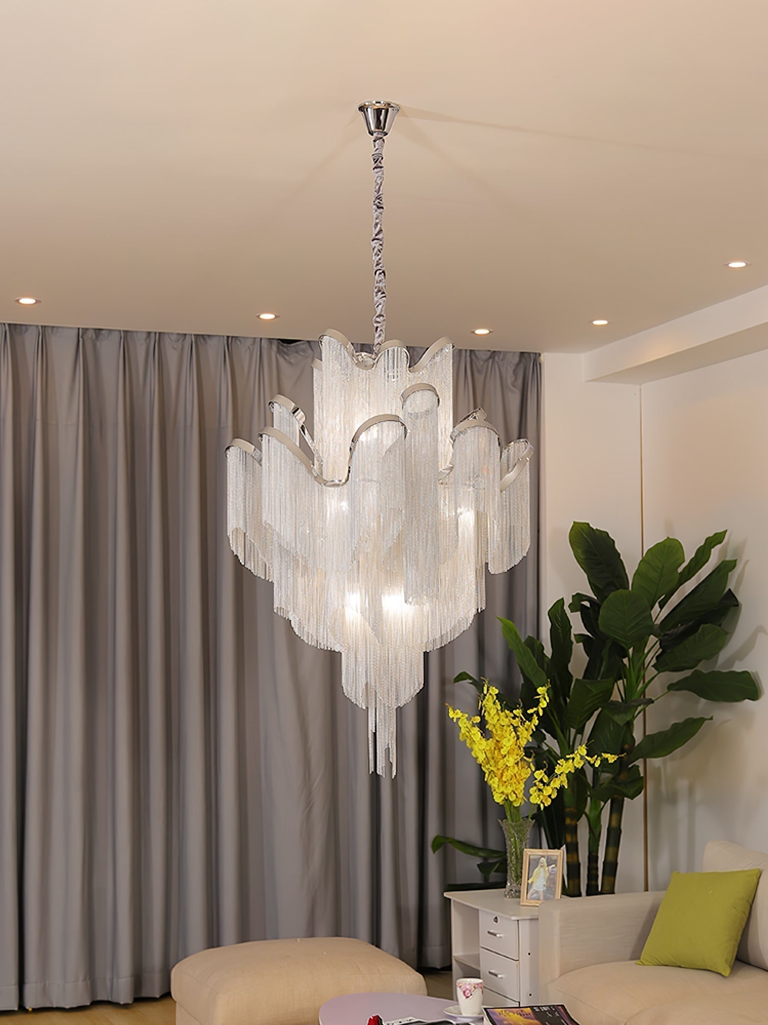 Luxury Waterfall Metal Chain Chandelier Modern Cascading Pendant Light for Dining Room