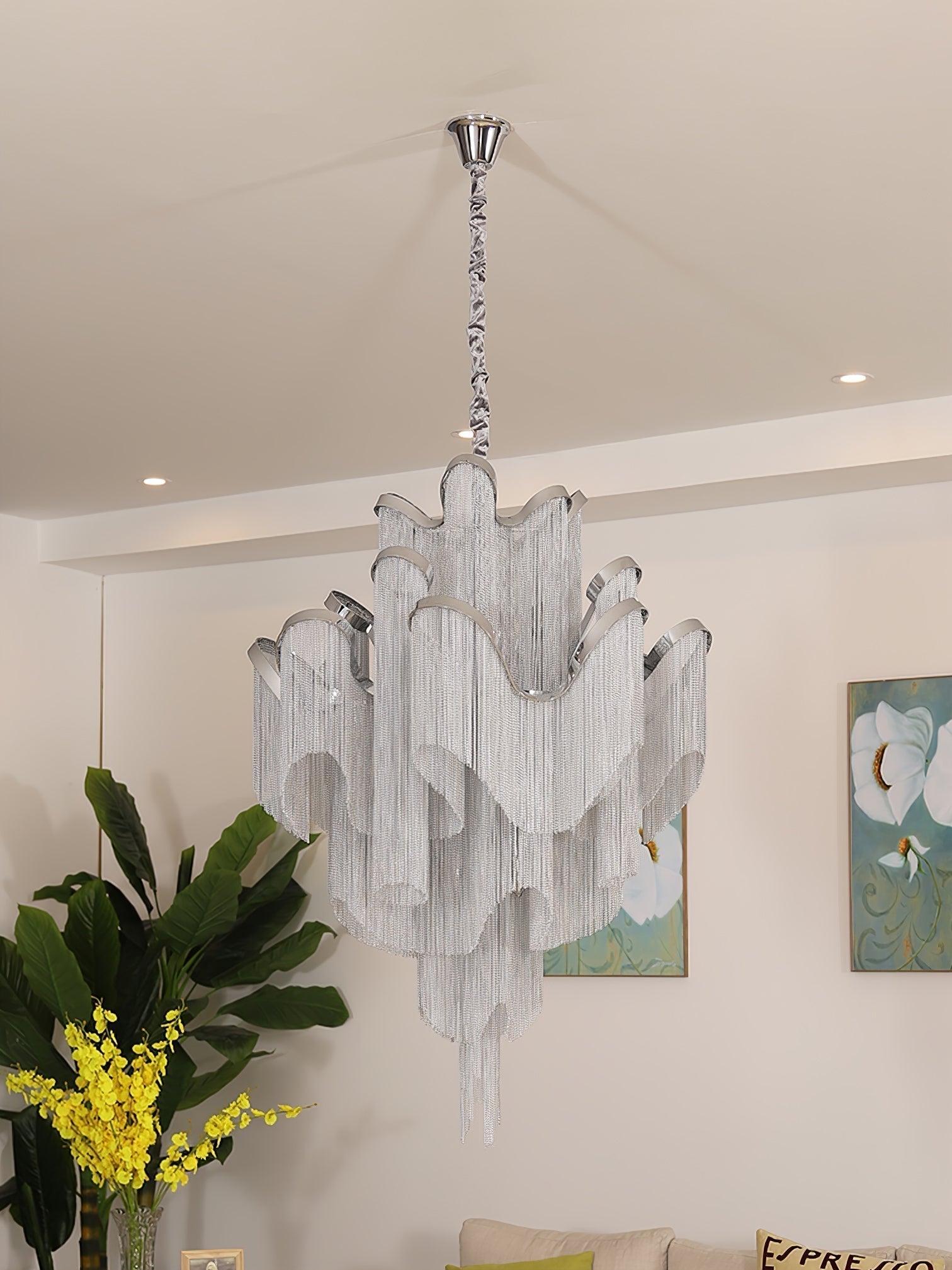 Luxury Waterfall Metal Chain Chandelier Modern Cascading Pendant Light for Dining Room