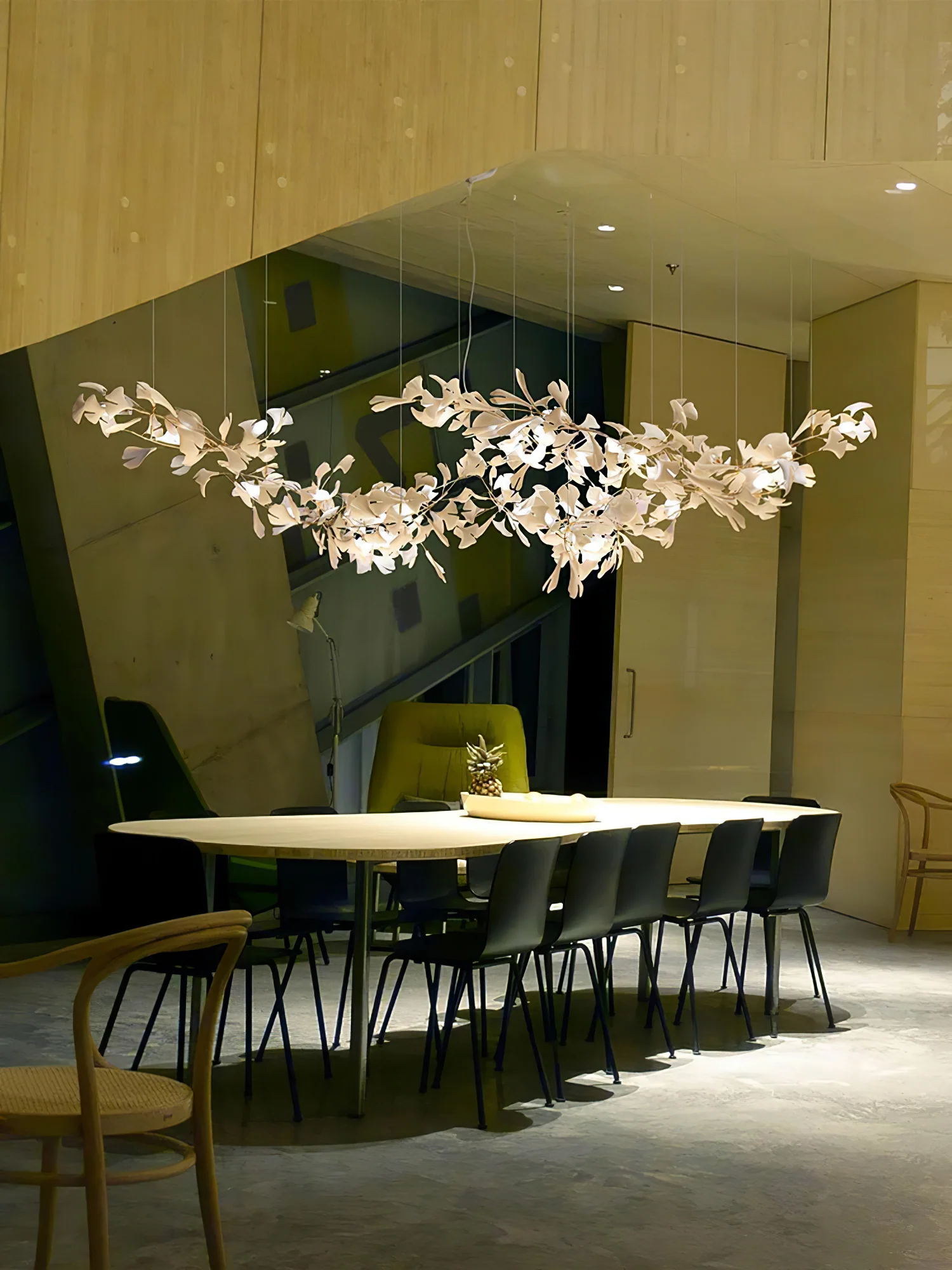 Luxury White Ceramic Ginkgo Leaf Chandelier with Gold Metal Frame for Dining Rooms