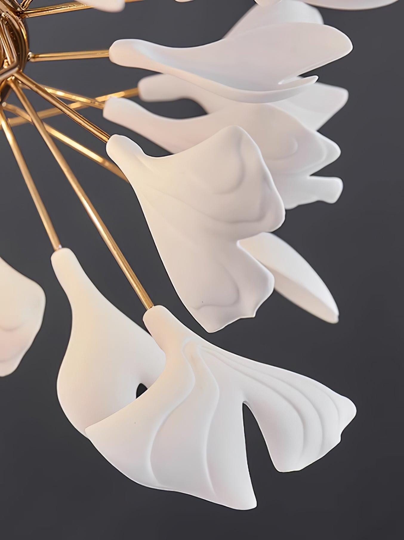 Luxury White Ceramic Ginkgo Leaf Chandelier with Gold Metal Frame for Dining Rooms