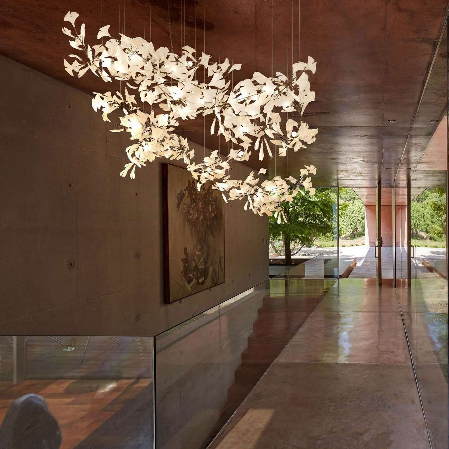 Luxury White Ceramic Ginkgo Leaf Chandelier with Gold Metal Frame for Dining Rooms