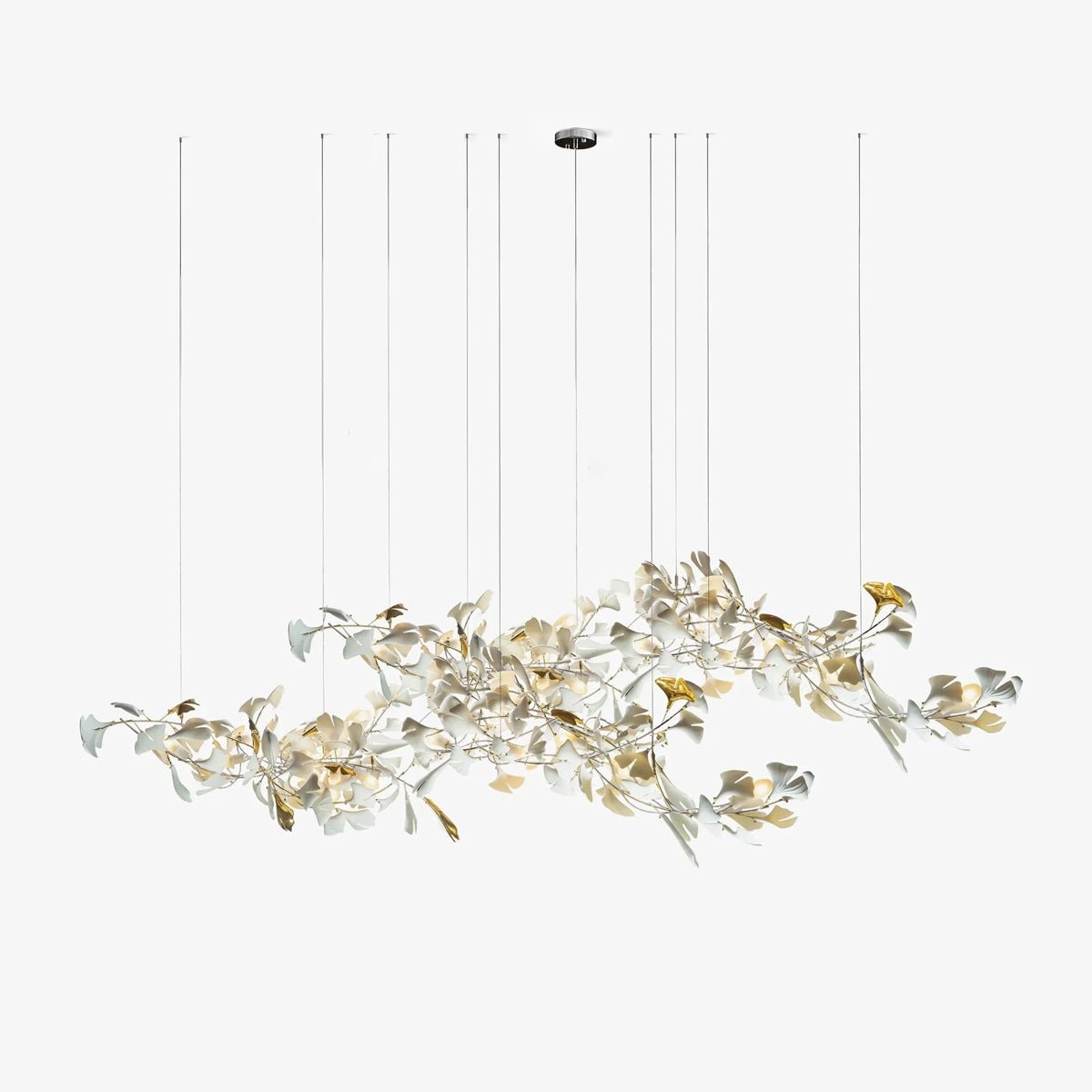 Luxury White Ceramic Ginkgo Leaf Chandelier with Gold Metal Frame for Dining Rooms