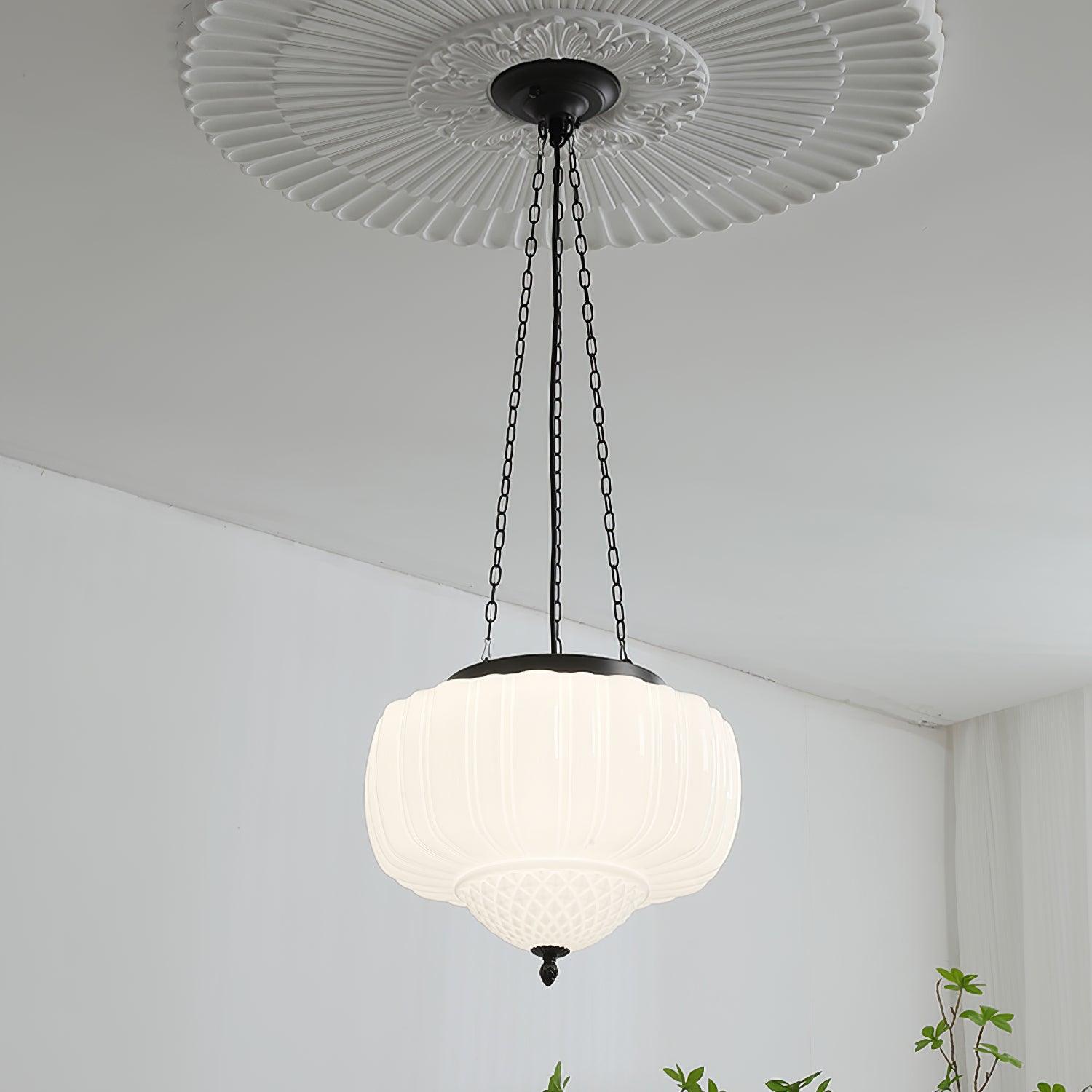 Marlo Fluted White Glass Ceiling Pendant Light with Elegant Black Metal Frame