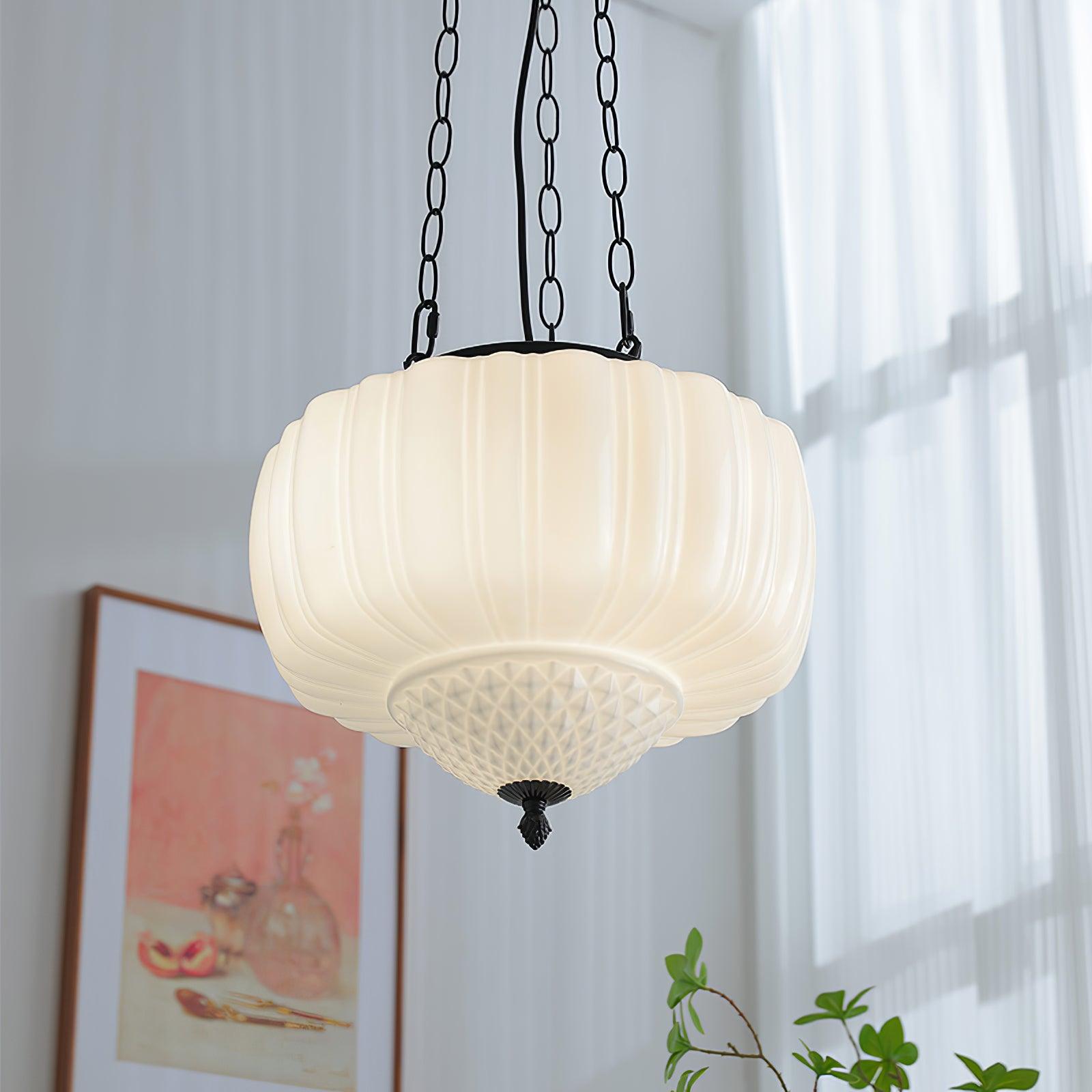 Marlo Fluted White Glass Ceiling Pendant Light with Elegant Black Metal Frame