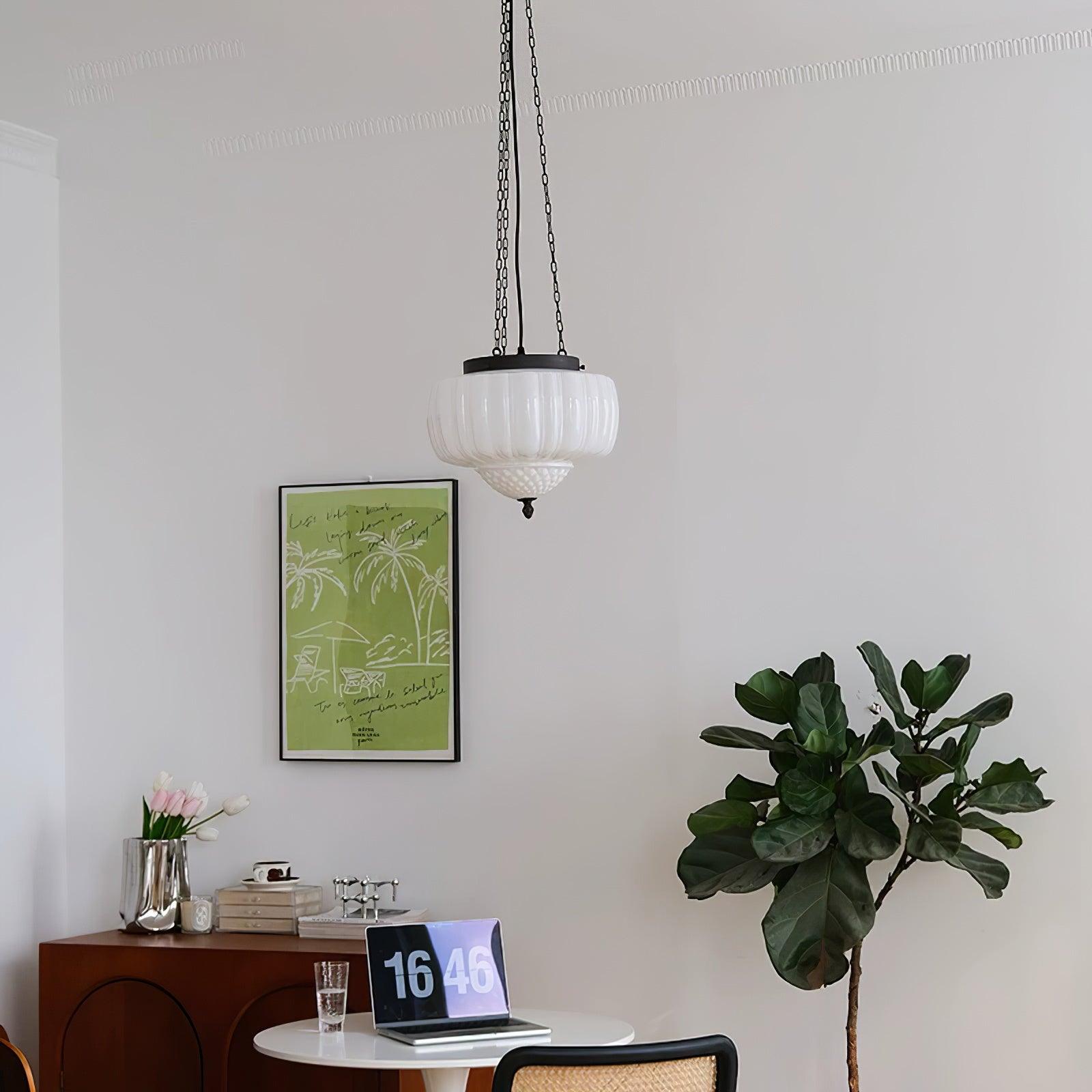 Marlo Fluted White Glass Ceiling Pendant Light with Elegant Black Metal Frame