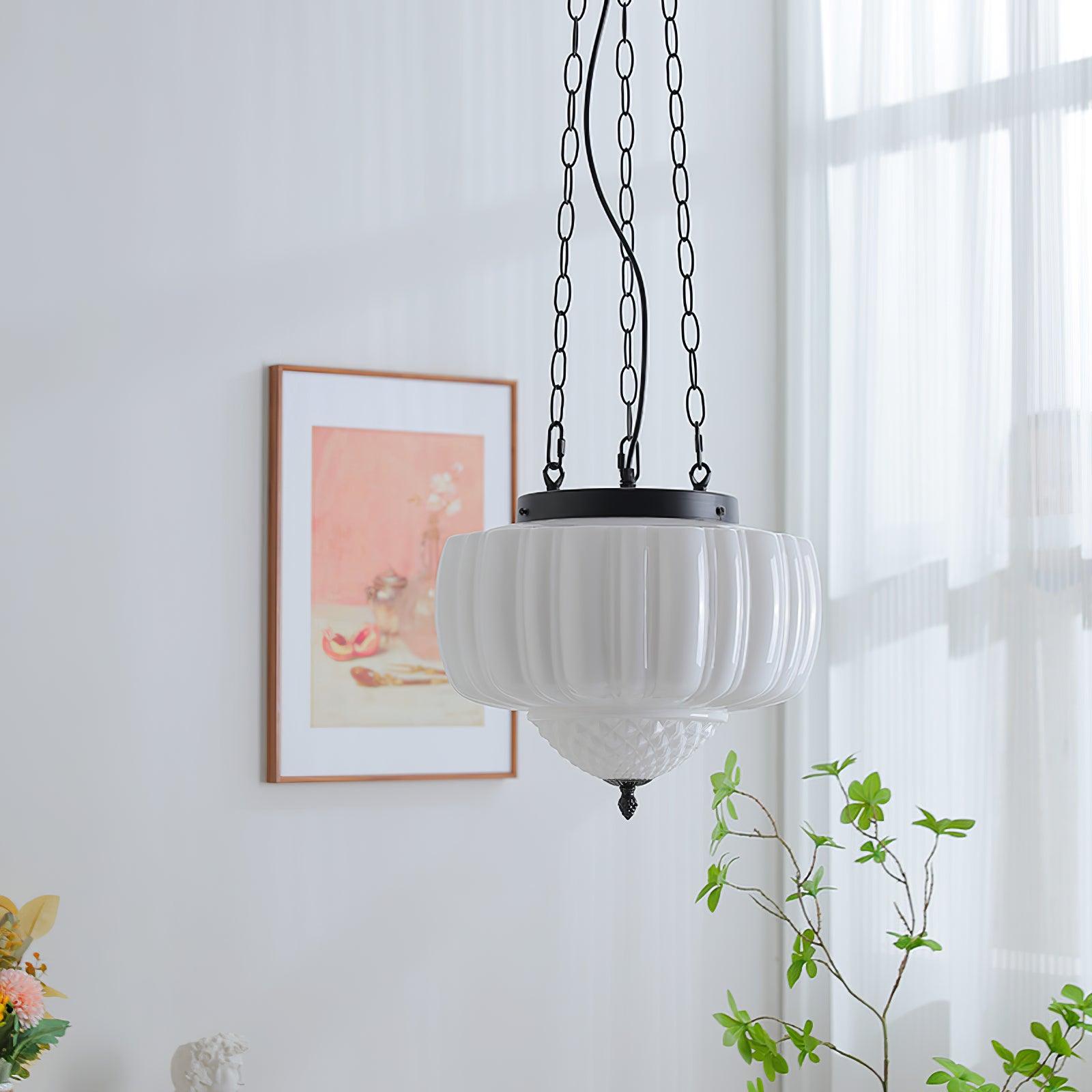 Marlo Fluted White Glass Ceiling Pendant Light with Elegant Black Metal Frame