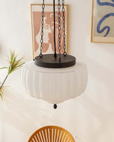 Marlo Fluted White Glass Ceiling Pendant Light with Elegant Black Metal Frame