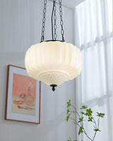 Marlo Fluted White Glass Ceiling Pendant Light with Elegant Black Metal Frame