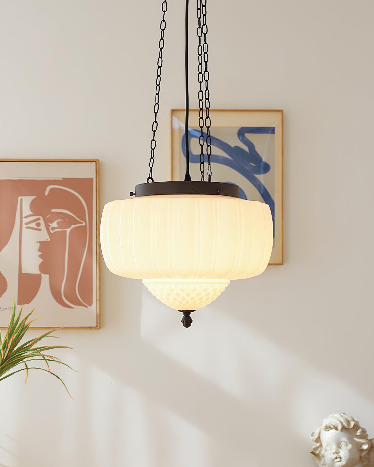 Marlo Fluted White Glass Ceiling Pendant Light with Elegant Black Metal Frame
