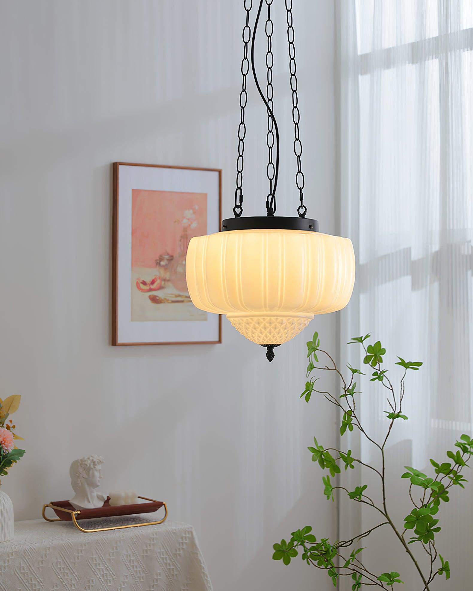 Marlo Fluted White Glass Ceiling Pendant Light with Elegant Black Metal Frame