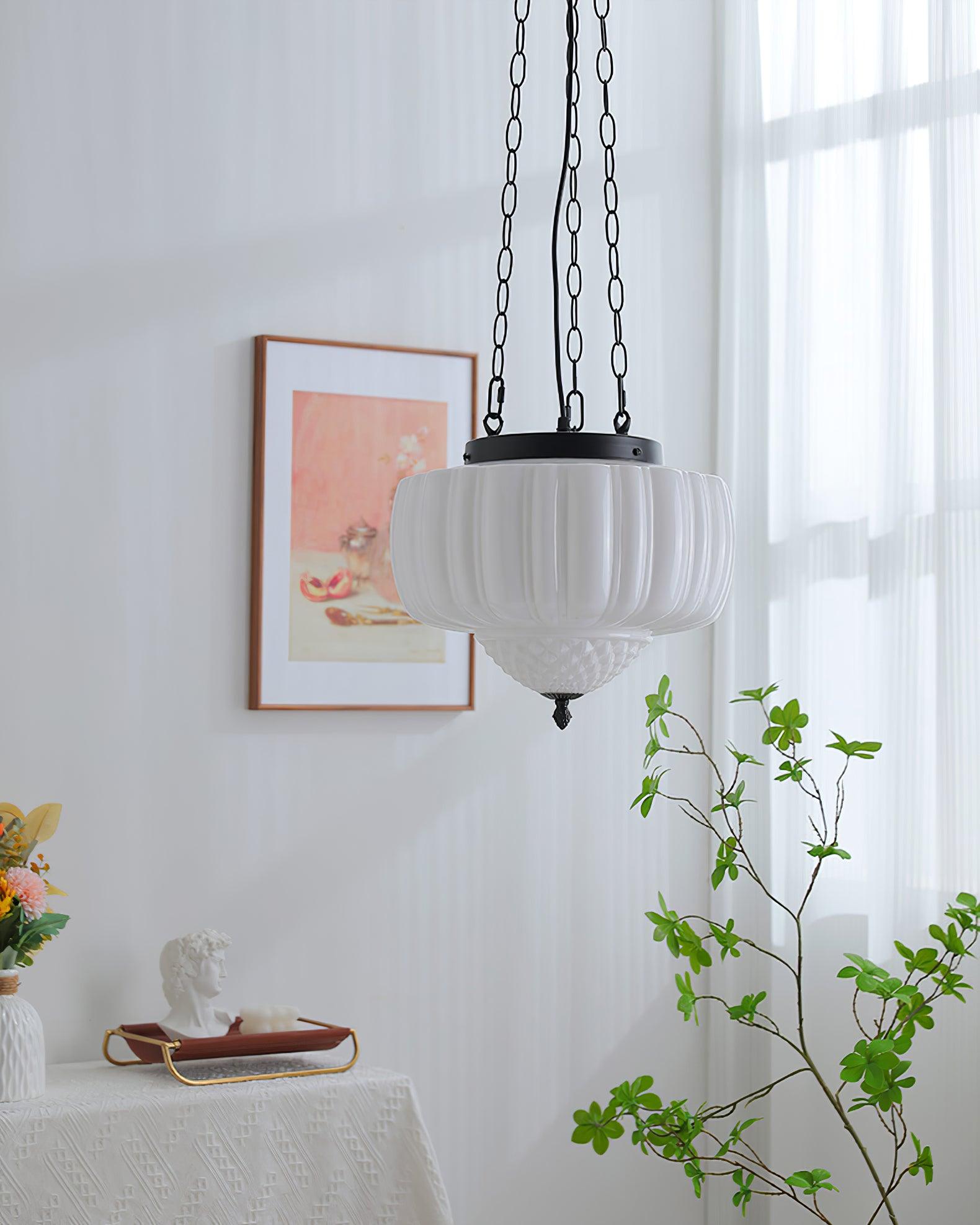 Marlo Fluted White Glass Ceiling Pendant Light with Elegant Black Metal Frame
