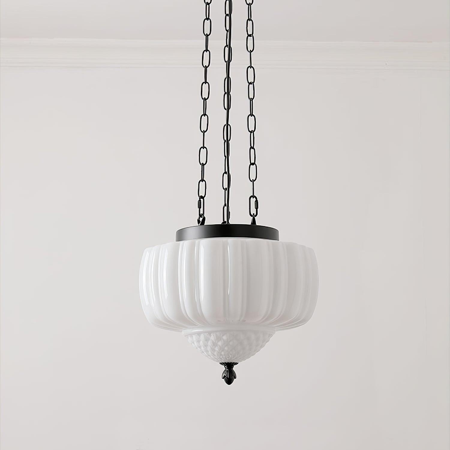 Marlo Fluted White Glass Ceiling Pendant Light with Elegant Black Metal Frame