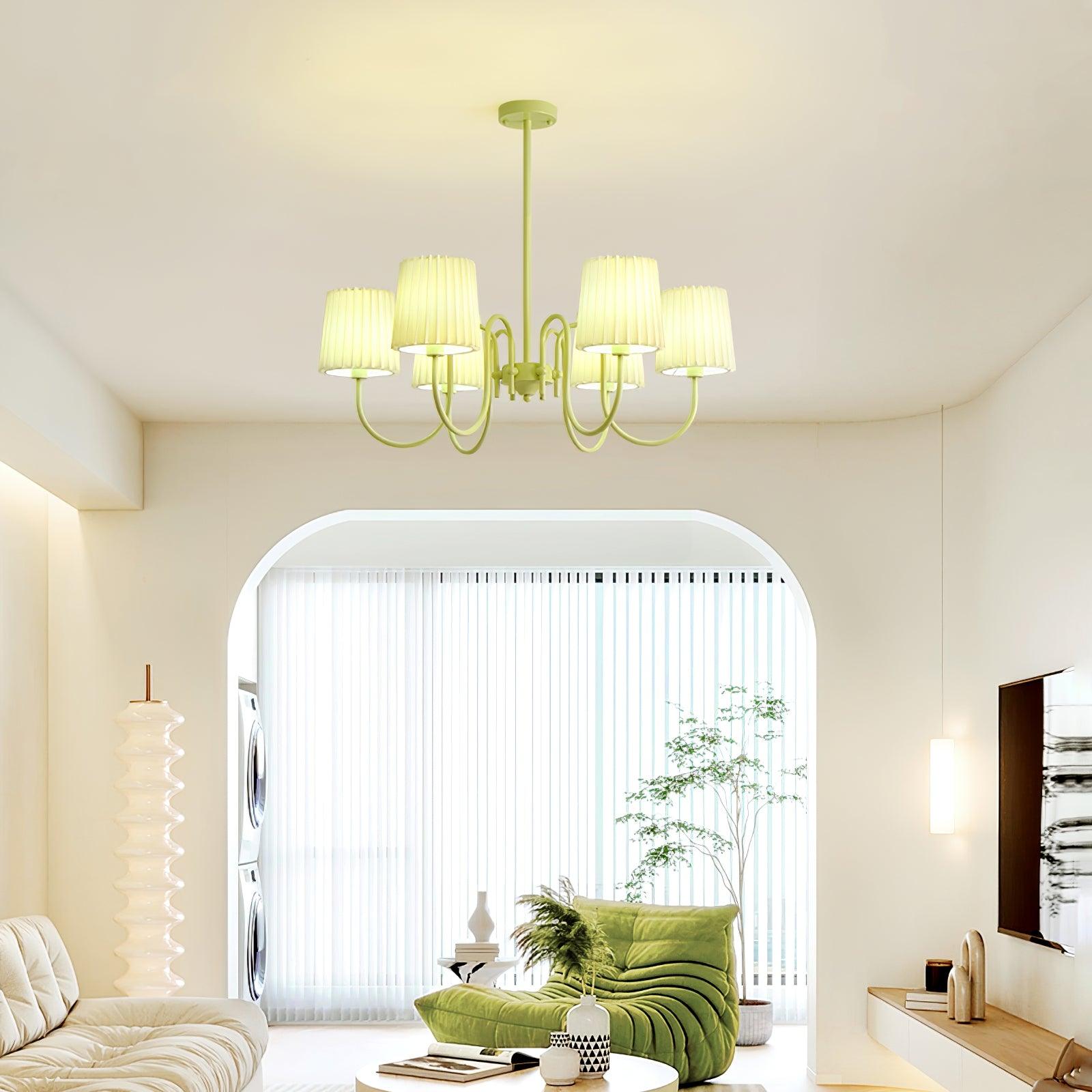 Matcha Green Pleated Fabric Chandelier Modern Multi Head Pendant Ceiling Light