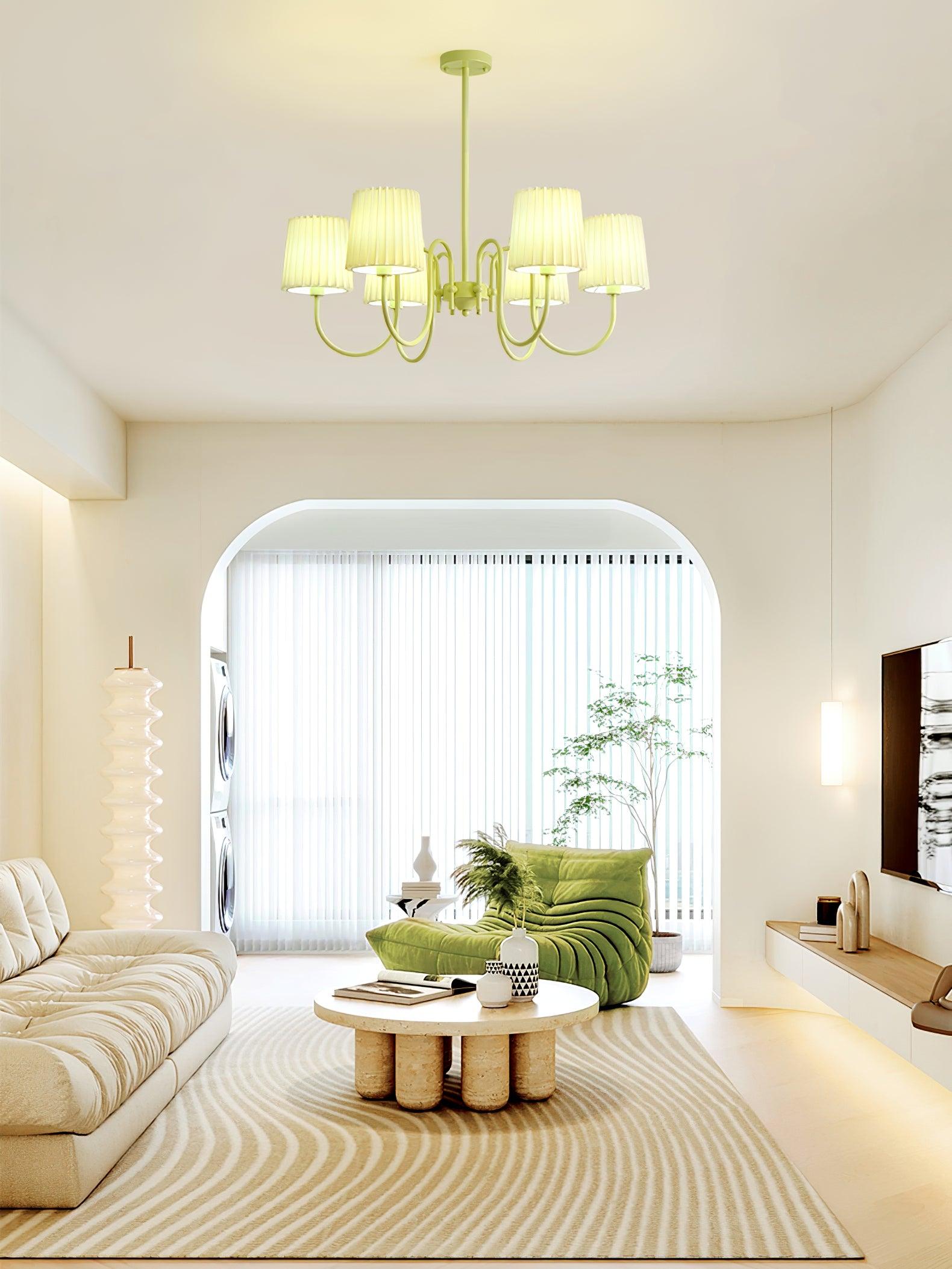 Matcha Green Pleated Fabric Chandelier Modern Multi Head Pendant Ceiling Light