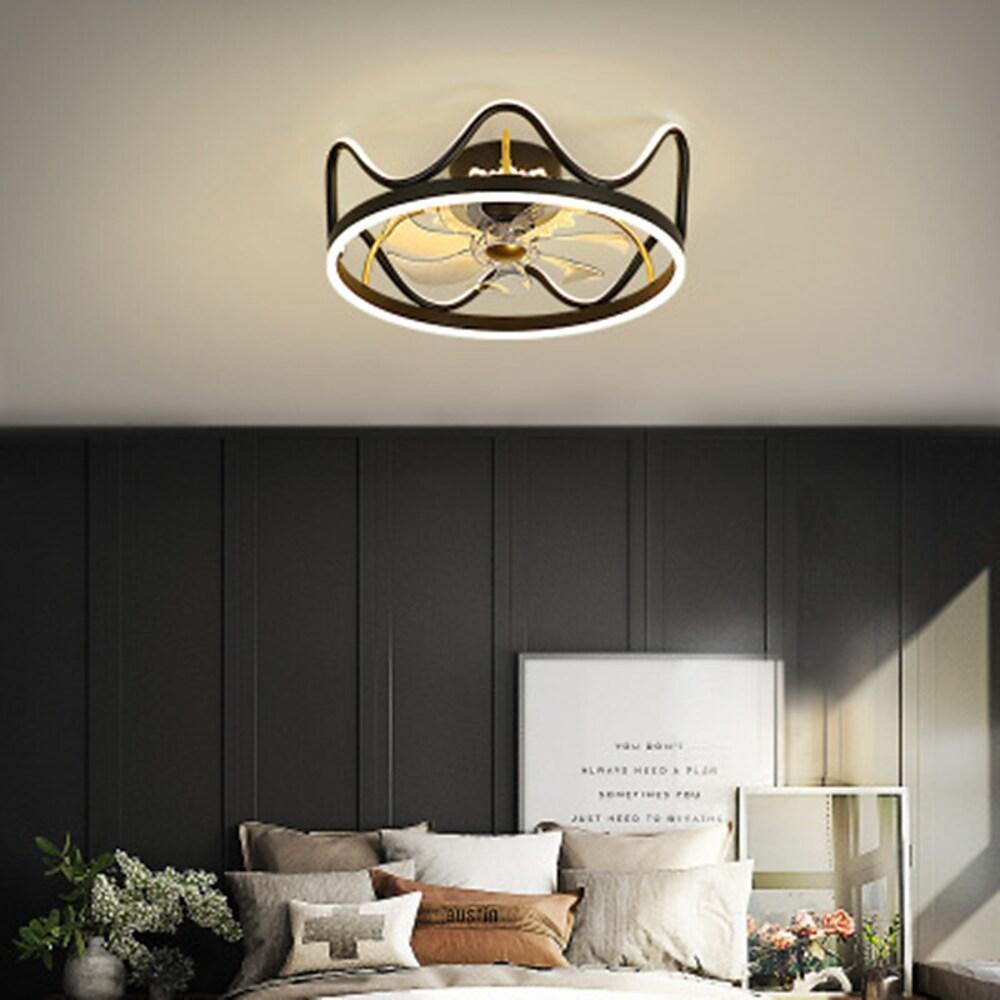 Modern Crown Shape LED Ceiling Fan with Light Dimmable Flush Mount Gold and Black Finish