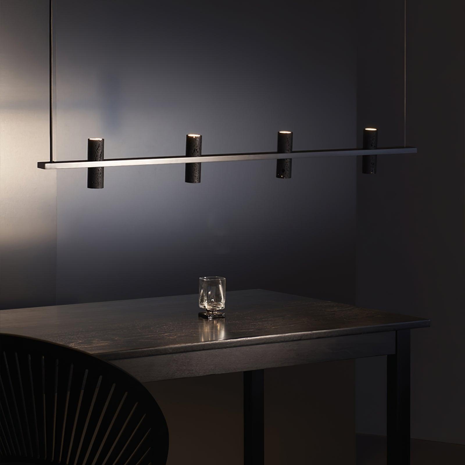 Meta Parallel Modern Linear LED Pendant Light with Natural Black Stone and Copper Accents