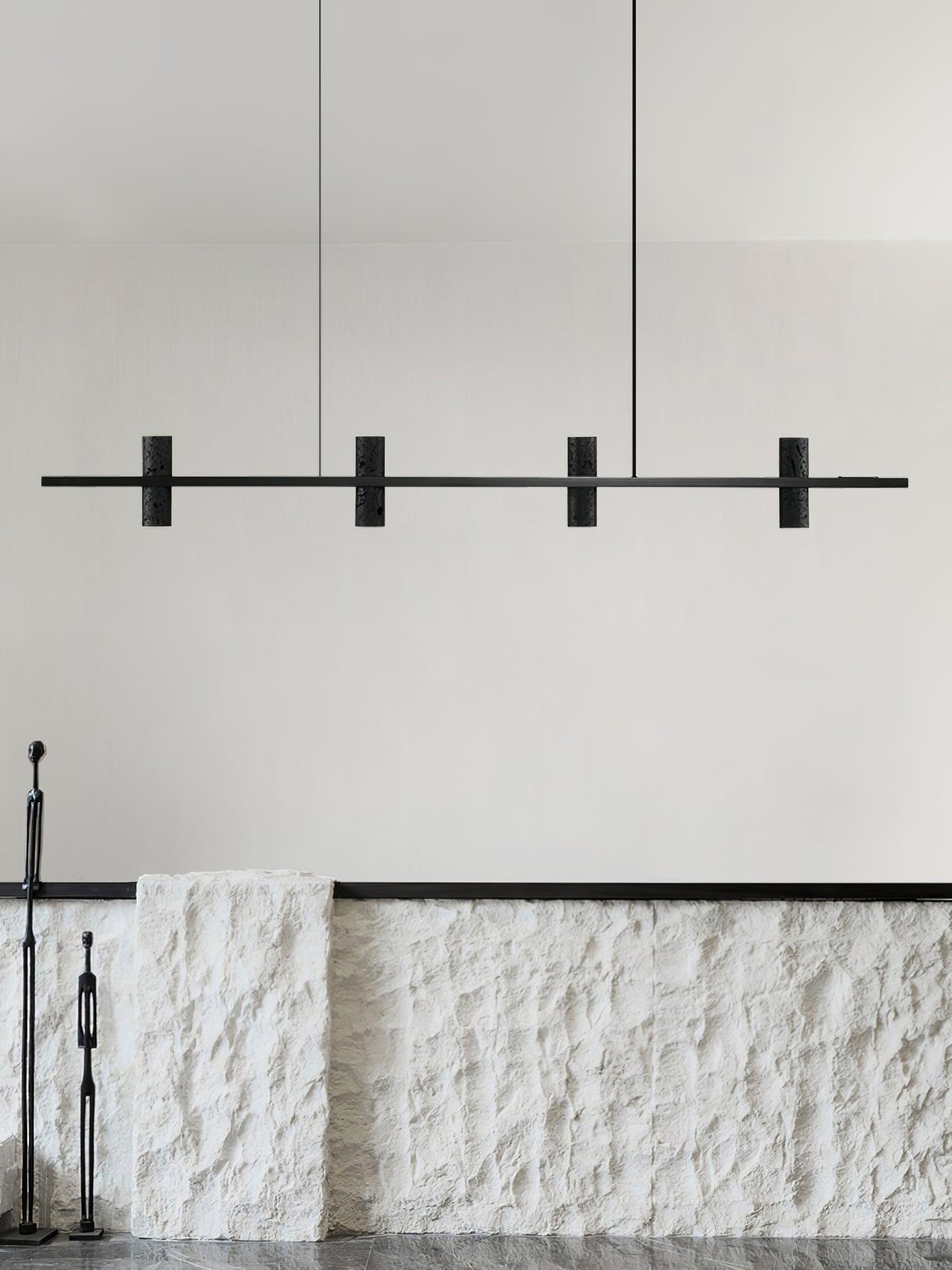 Meta Parallel Modern Linear LED Pendant Light with Natural Black Stone and Copper Accents