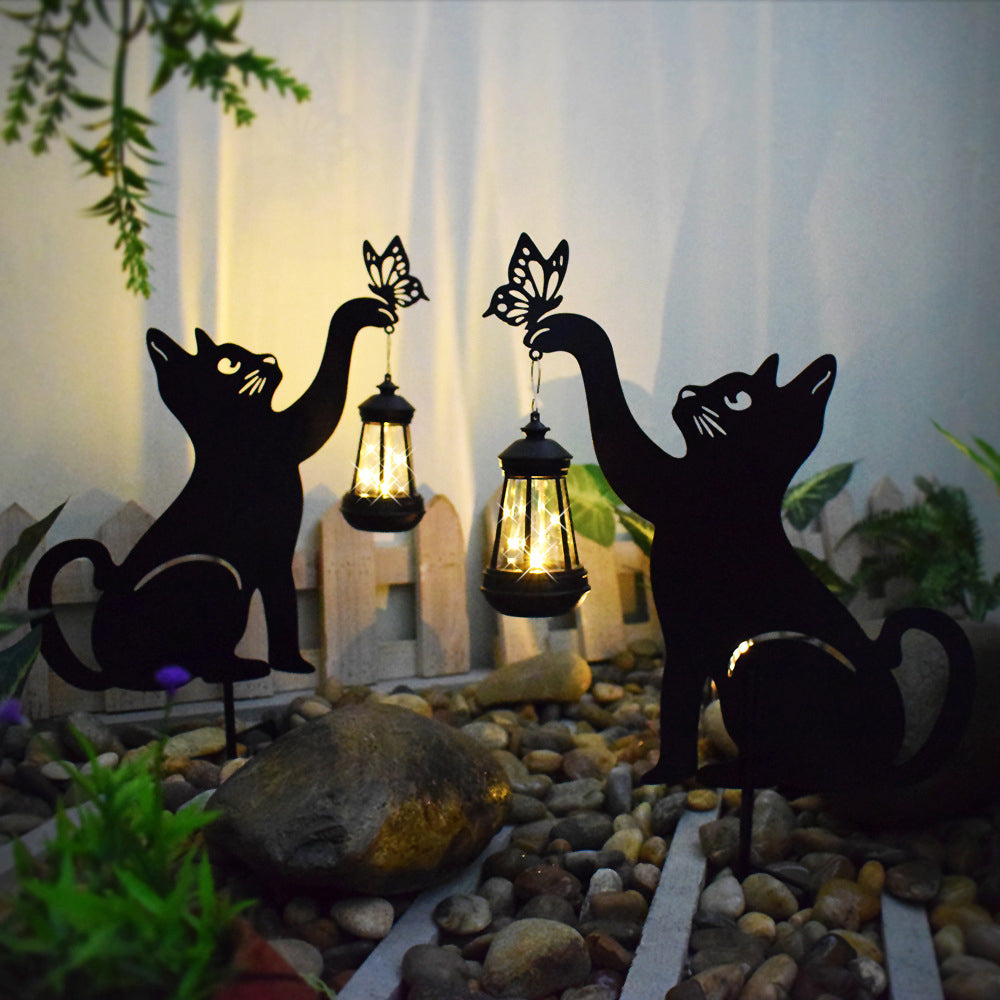 Metal Cat Silhouette Waterproof Solar Hanging Lantern with Warm White LED for Garden Landscape