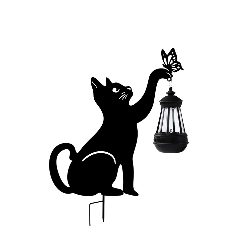Metal Cat Silhouette Waterproof Solar Hanging Lantern with Warm White LED for Garden Landscape