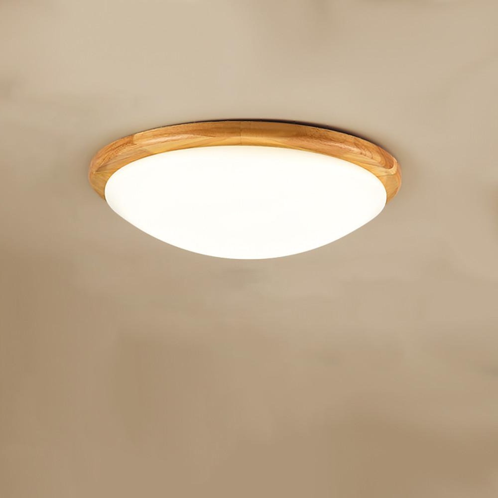 Modern Nordic Wood Flush Mount Ceiling Light 14 Inch Dimmable Bamboo LED Fixture for Bedroom and Office