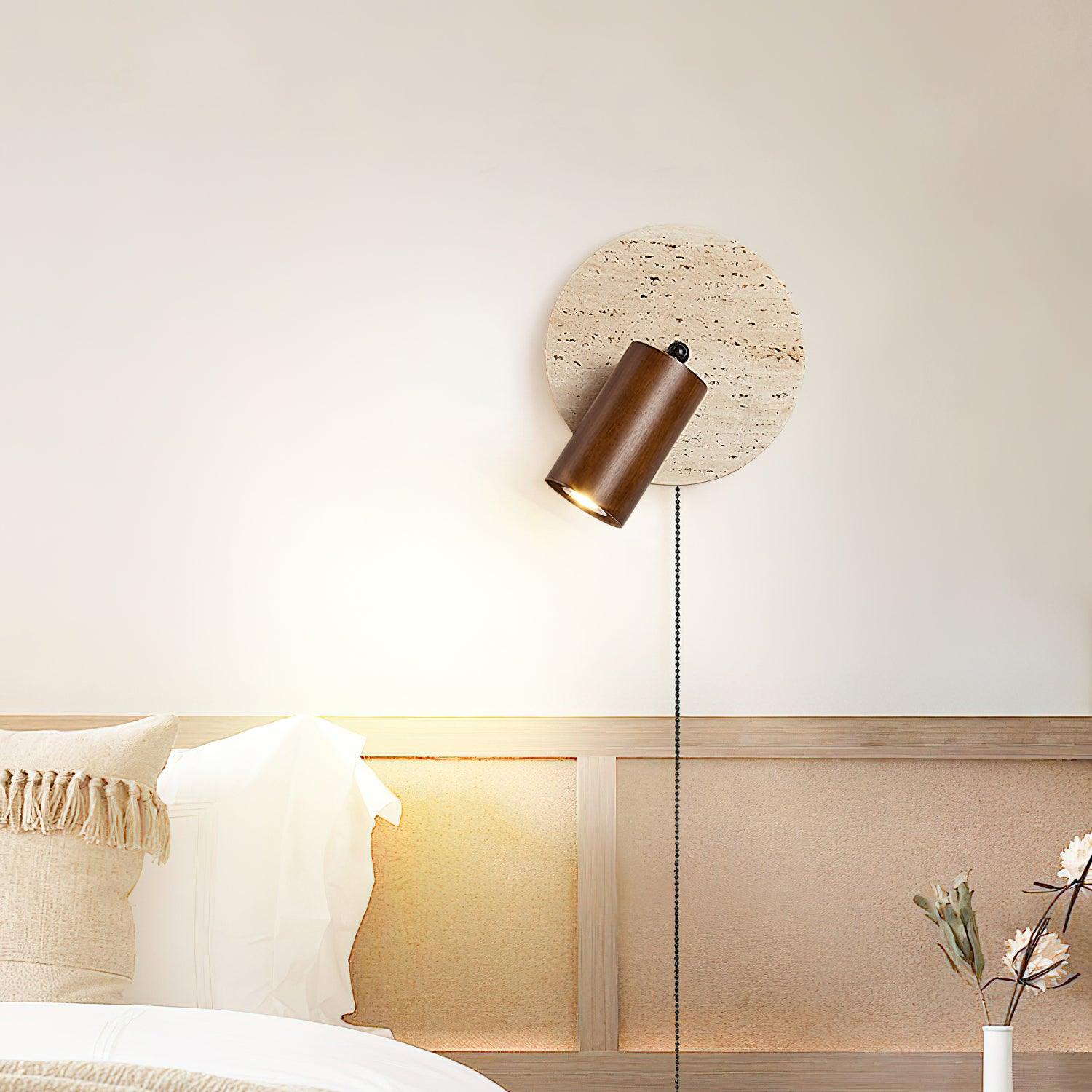 Miadi Natural Yellow Travertine and Wood Wall Lamp with Pull Chain Switch