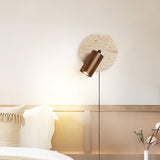 Miadi Natural Yellow Travertine and Wood Wall Lamp with Pull Chain Switch