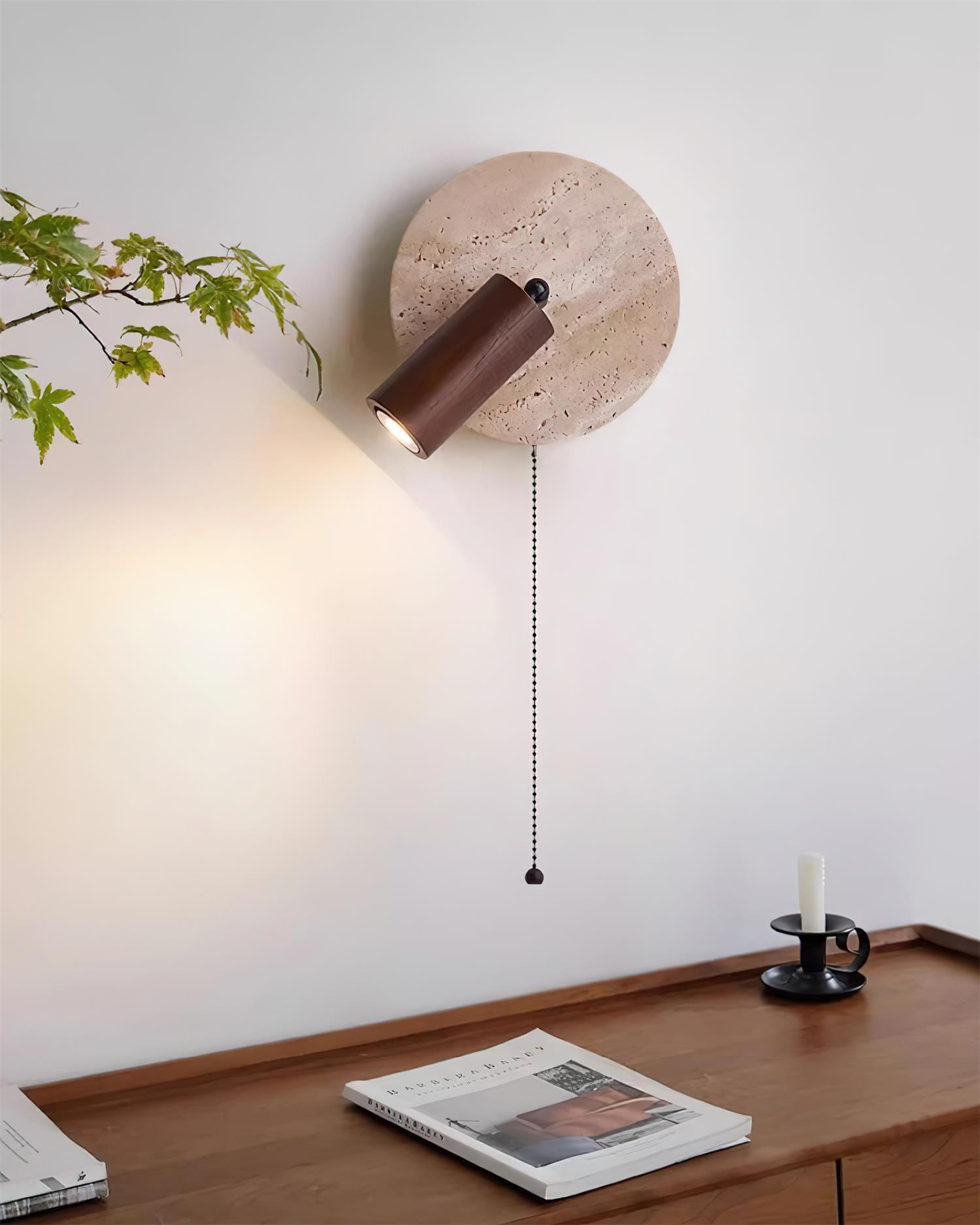 Miadi Natural Yellow Travertine and Wood Wall Lamp with Pull Chain Switch