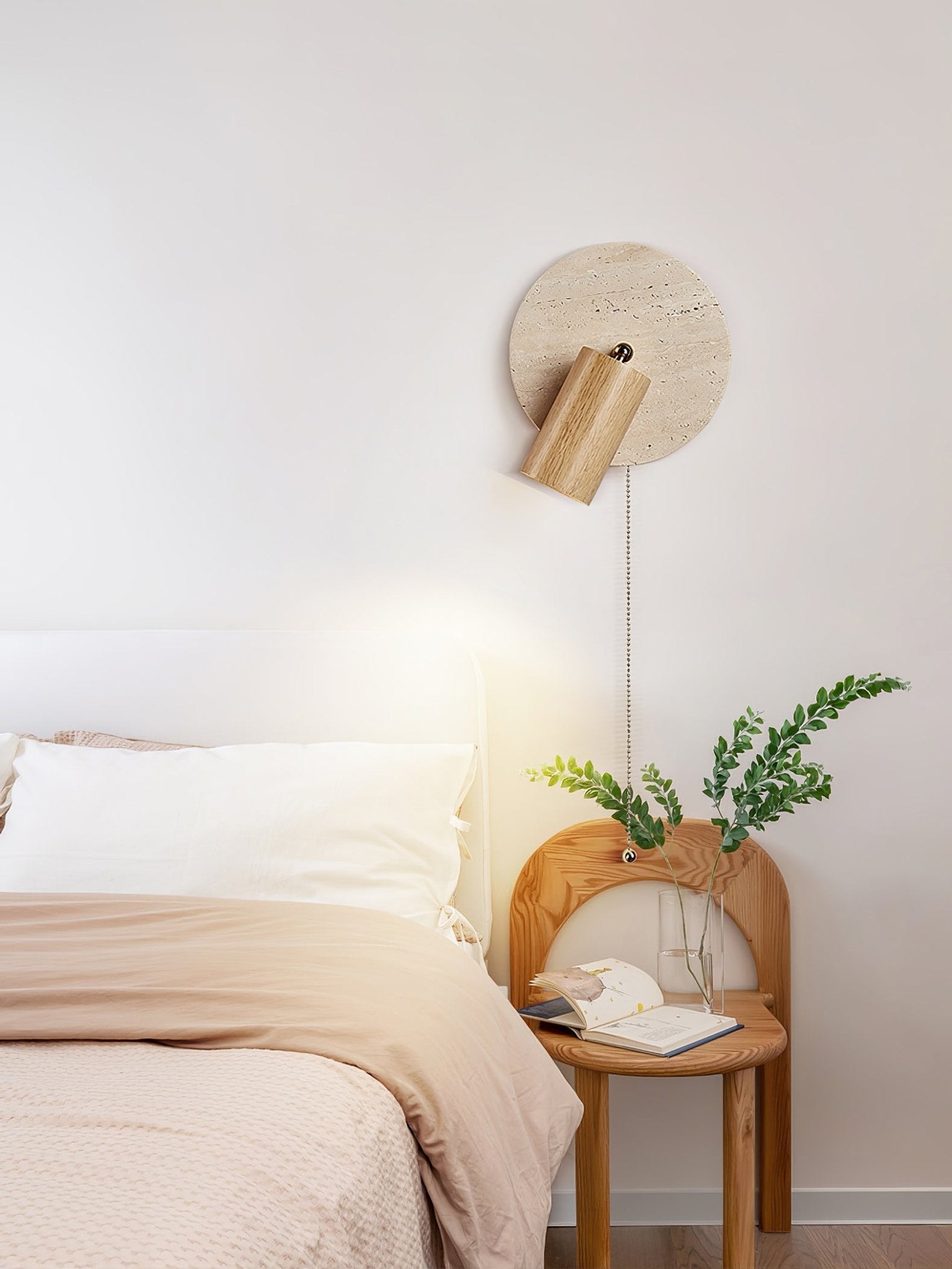 Miadi Natural Yellow Travertine and Wood Wall Lamp with Pull Chain Switch