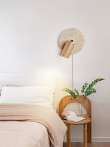 Miadi Natural Yellow Travertine and Wood Wall Lamp with Pull Chain Switch