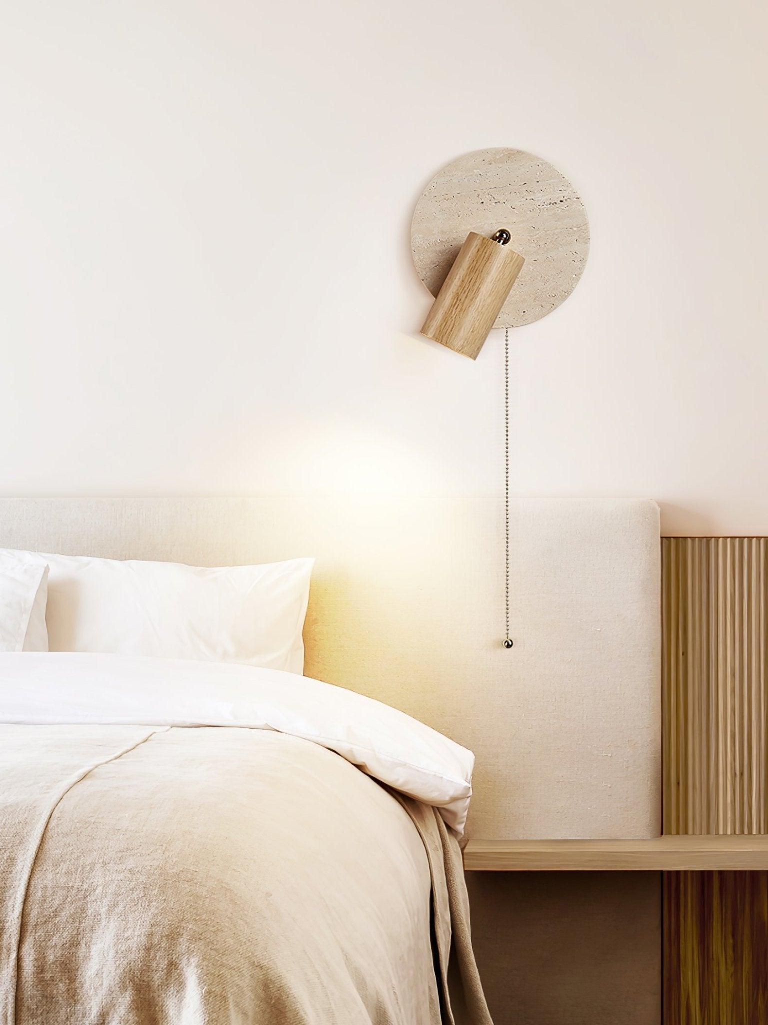 Miadi Natural Yellow Travertine and Wood Wall Lamp with Pull Chain Switch