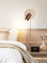 Miadi Natural Yellow Travertine and Wood Wall Lamp with Pull Chain Switch
