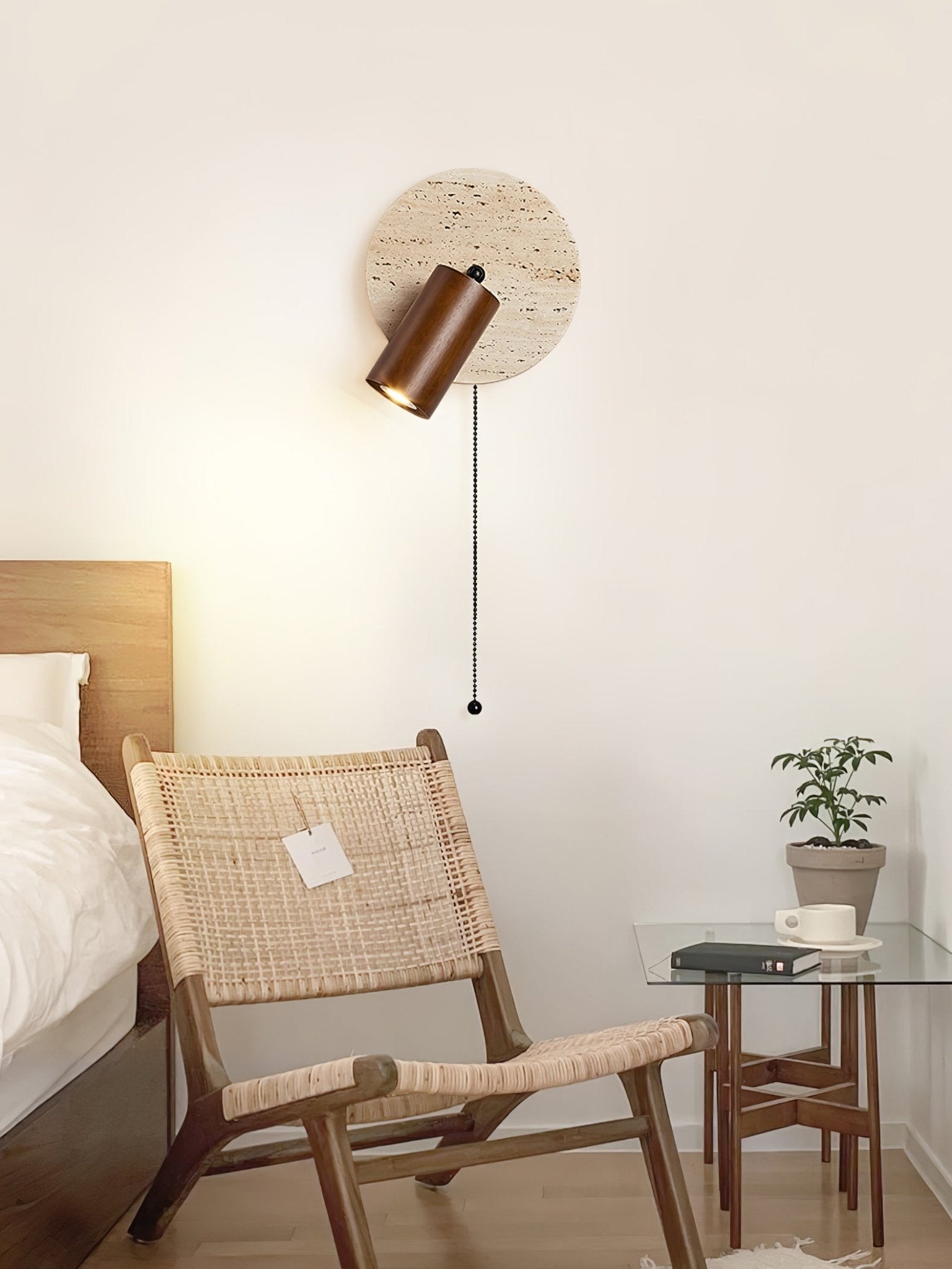 Miadi Natural Yellow Travertine and Wood Wall Lamp with Pull Chain Switch