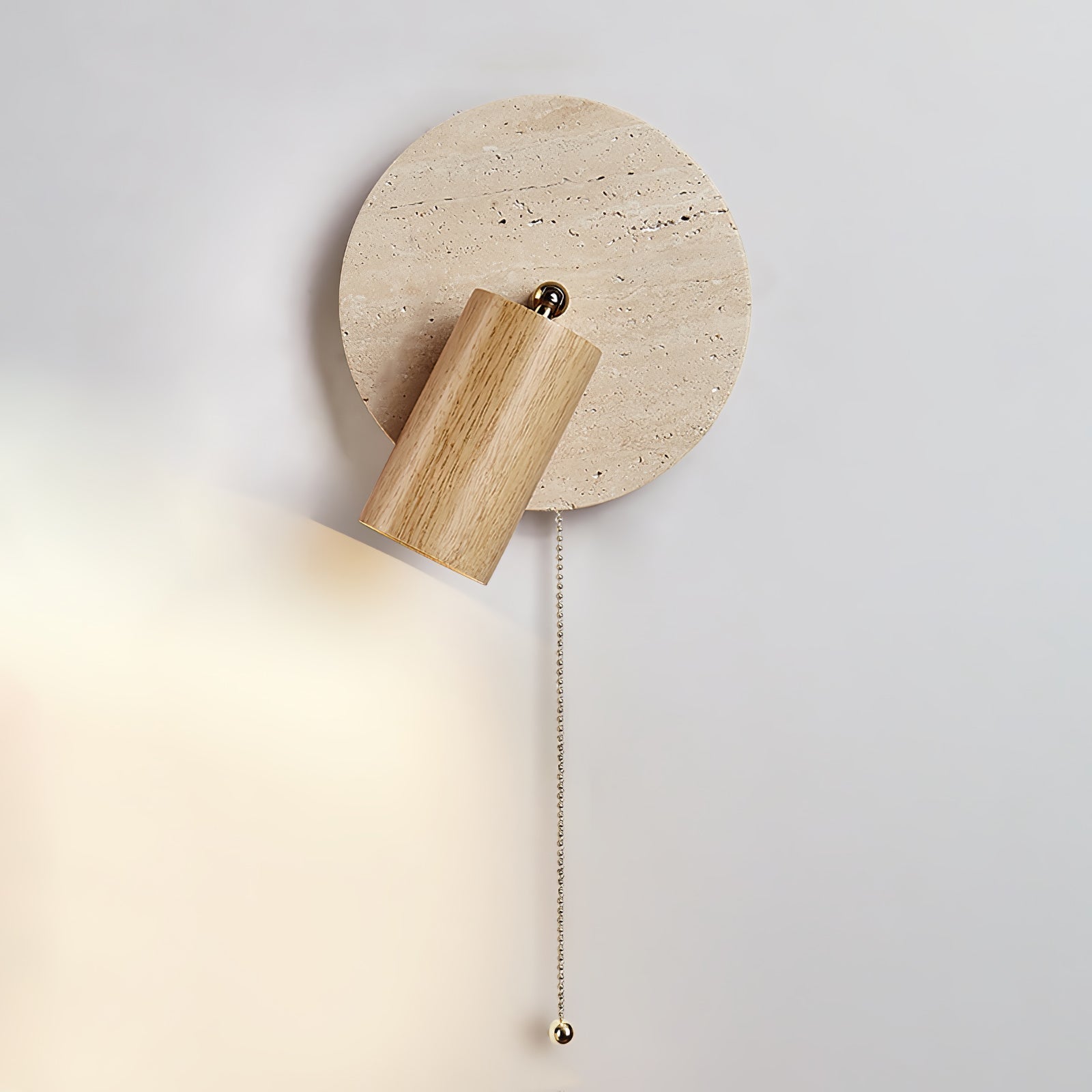 Miadi Natural Yellow Travertine and Wood Wall Lamp with Pull Chain Switch