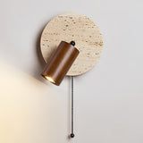 Miadi Natural Yellow Travertine and Wood Wall Lamp with Pull Chain Switch