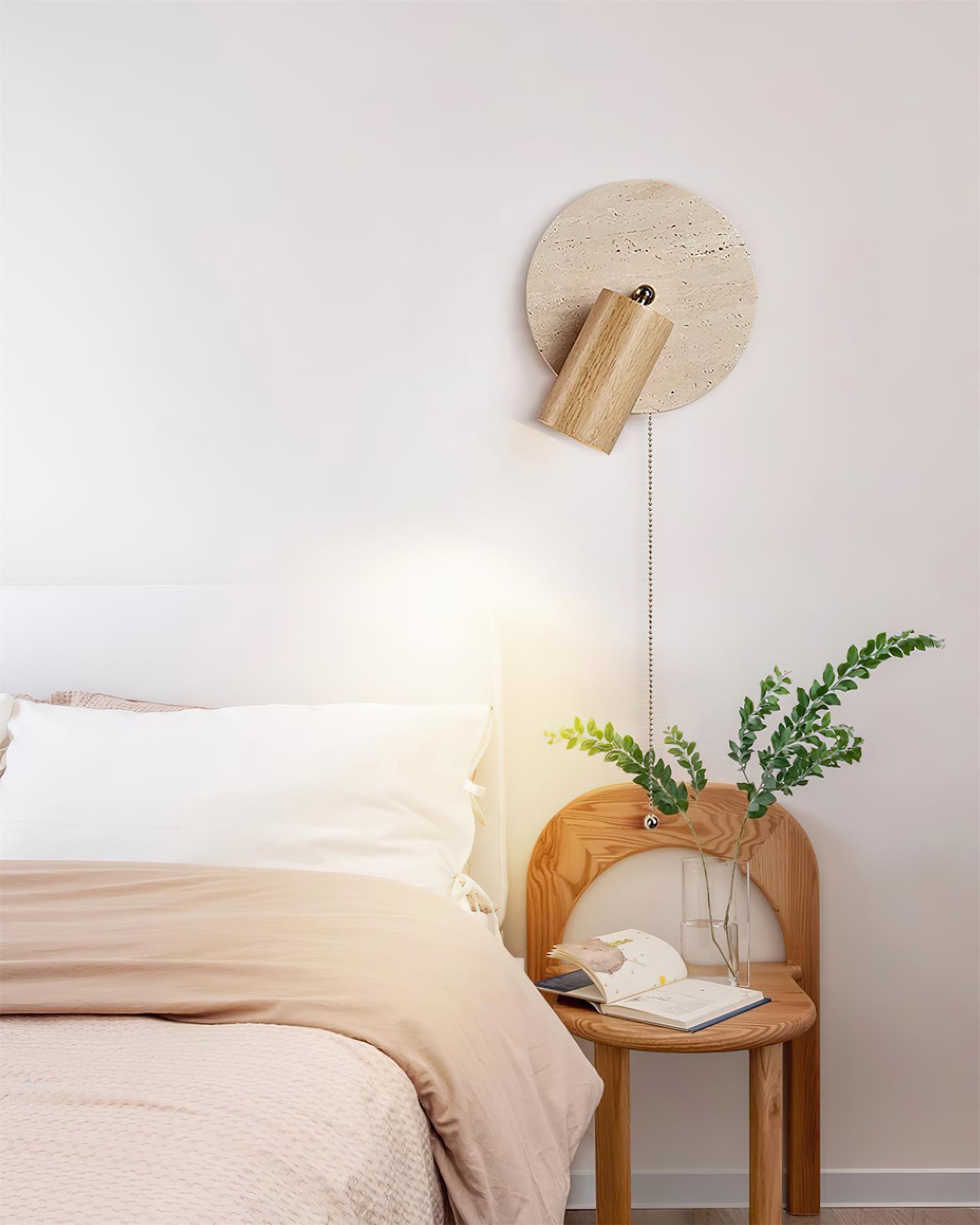 Miadi Natural Yellow Travertine and Wood Wall Lamp with Pull Chain Switch
